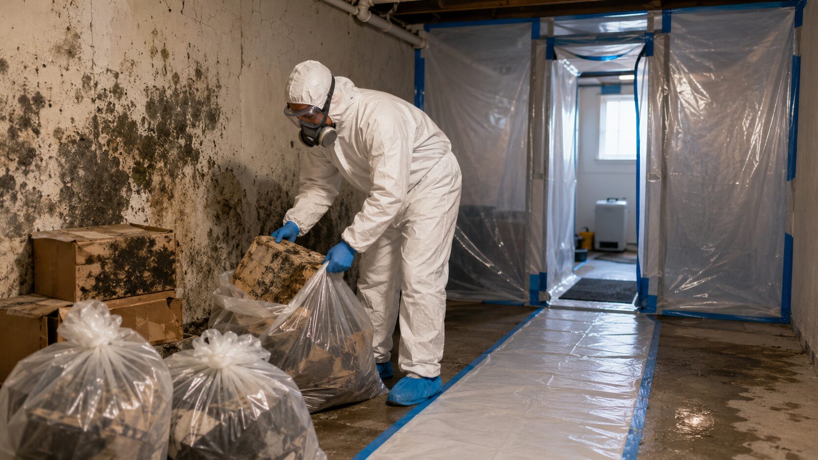 Technicien équipé d’une combinaison, d’un masque respiratoire et de gants plaçant des objets moisis dans des sacs fermés dans une pièce confinée par des bâches plastiques.