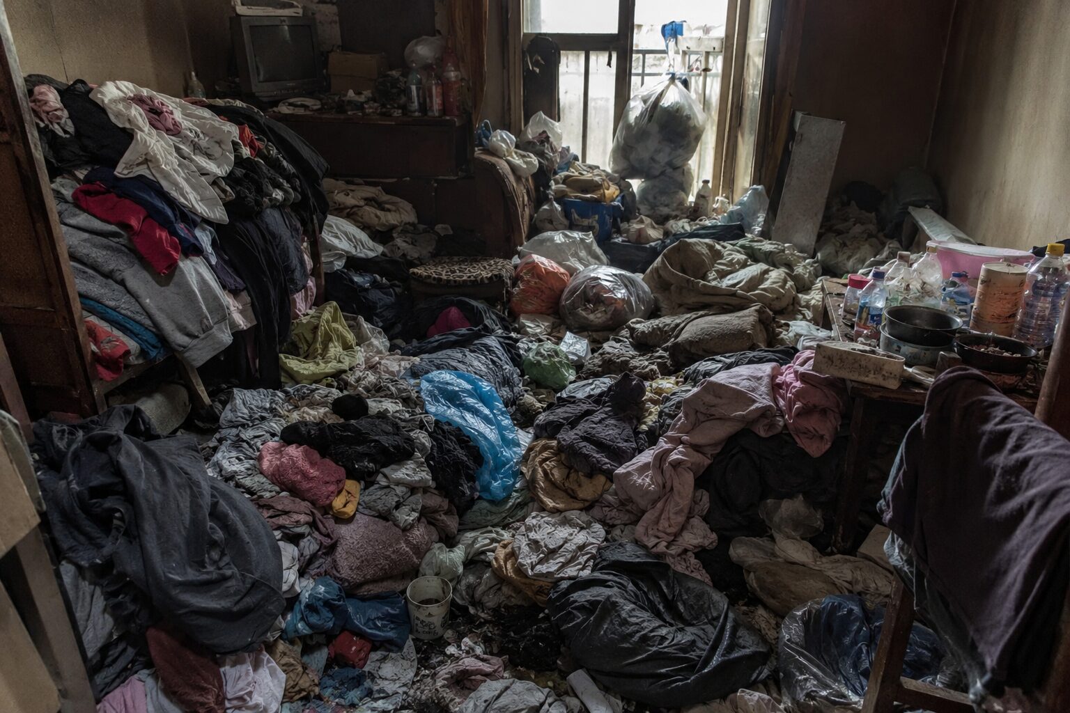 Logement Diogène encombré avec accumulation de textiles humides, linge moisi et risque de champignons nécessitant un nettoyage spécialisé