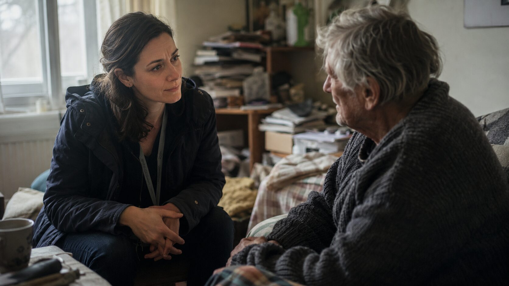 Professionnelle de santé écoutant avec empathie un patient en situation d’incurie dans un logement encombré