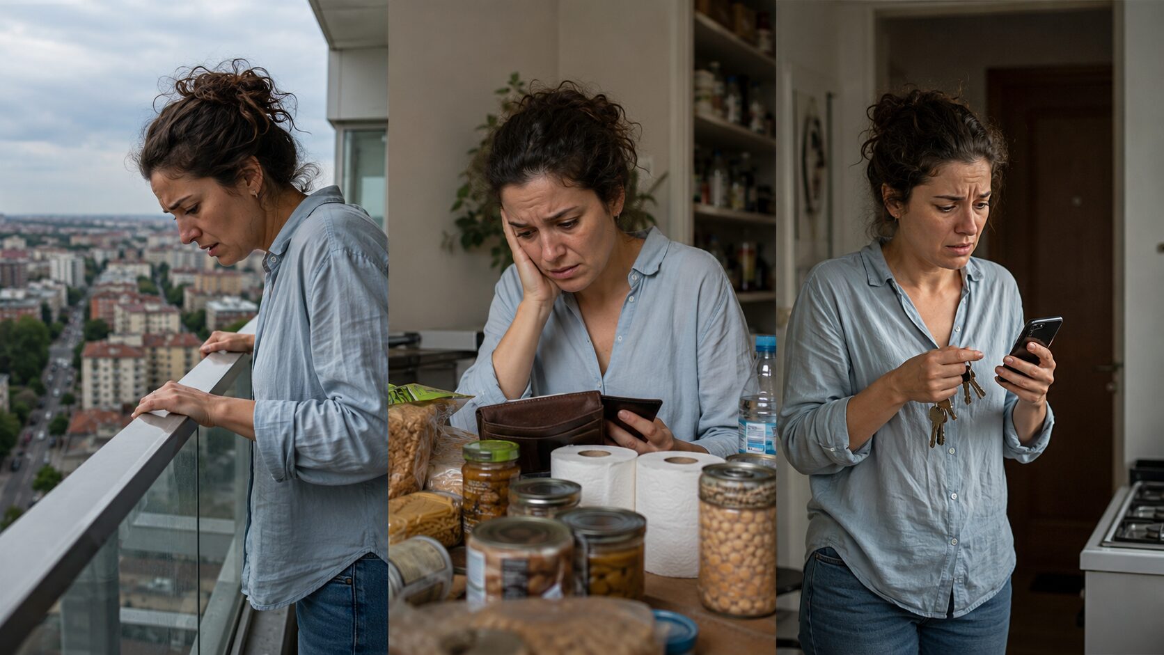 Femme anxieuse illustrant trois peurs différentes : la peur du vide sur un balcon, la peur de manquer face à des réserves alimentaires et la peur d’oublier avec des clés et un téléphone.