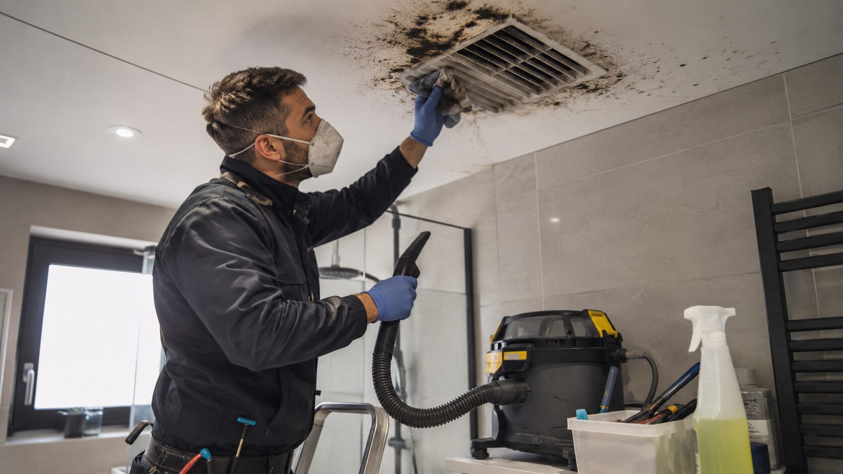 Technicien nettoyant une bouche de VMC encrassée par des poussières grasses et des moisissures dans une salle de bain