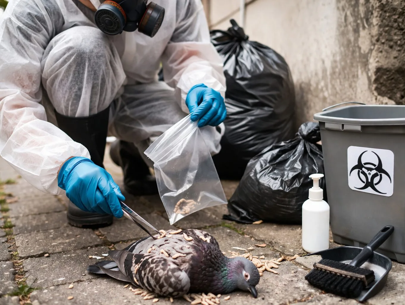 Comment gérer les cadavres de pigeons et la présence d’asticots en sécurité ?