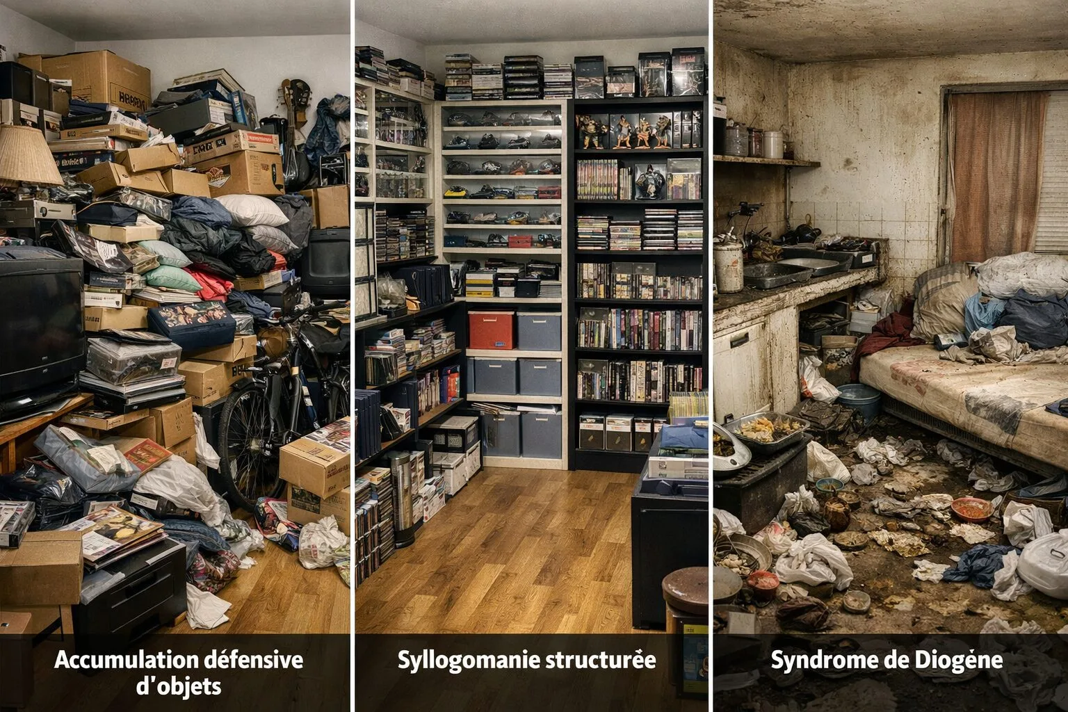 Comment différencier chez un même patient une accumulation défensive d’objets, une syllogomanie structurée et un syndrome de Diogène avec abandon de l’hygiène ?