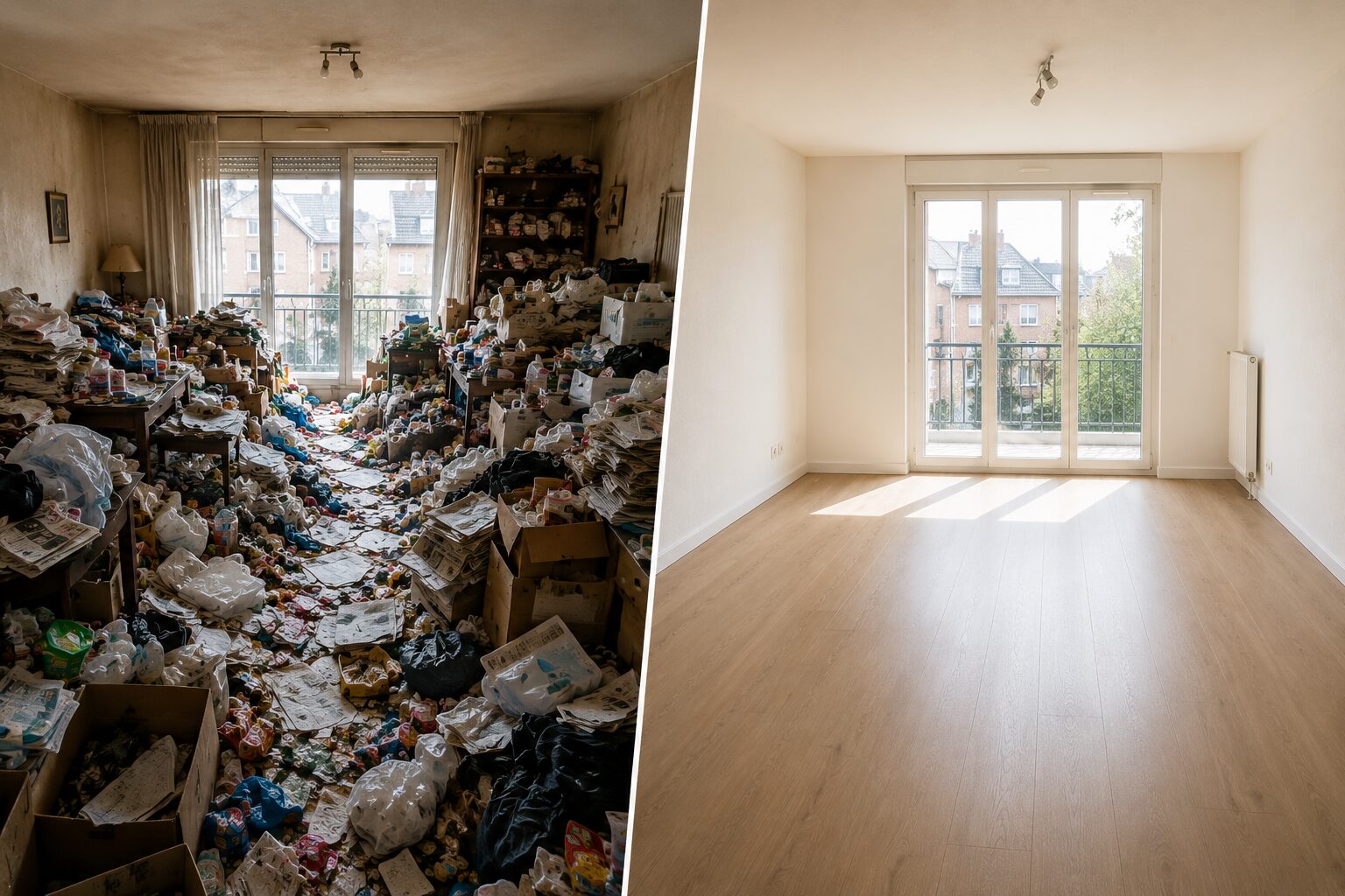 Nettoyage après syndrome de Diogène à Lille avec appartement encombré avant intervention et pièce propre après débarras