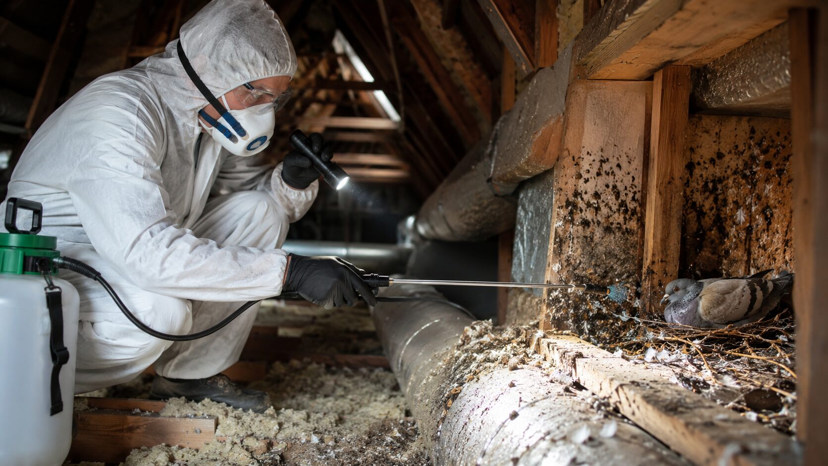 Technicien en combinaison de protection traitant un nid de pigeon contaminé par des acariens et parasites dans des combles.