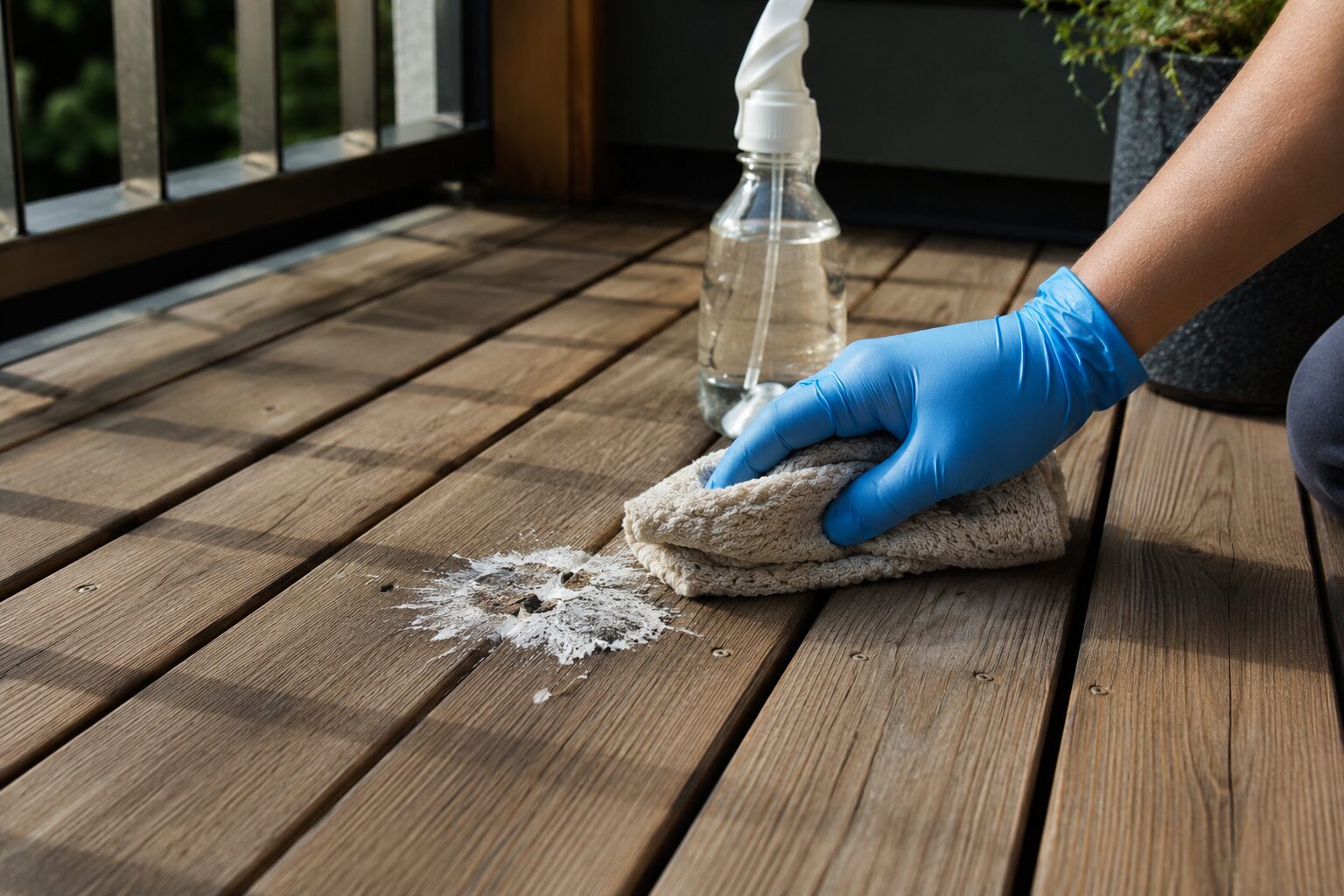 Nettoyage de fientes sur un balcon en bois à lames avec un chiffon humide pour éviter la déformation du bois