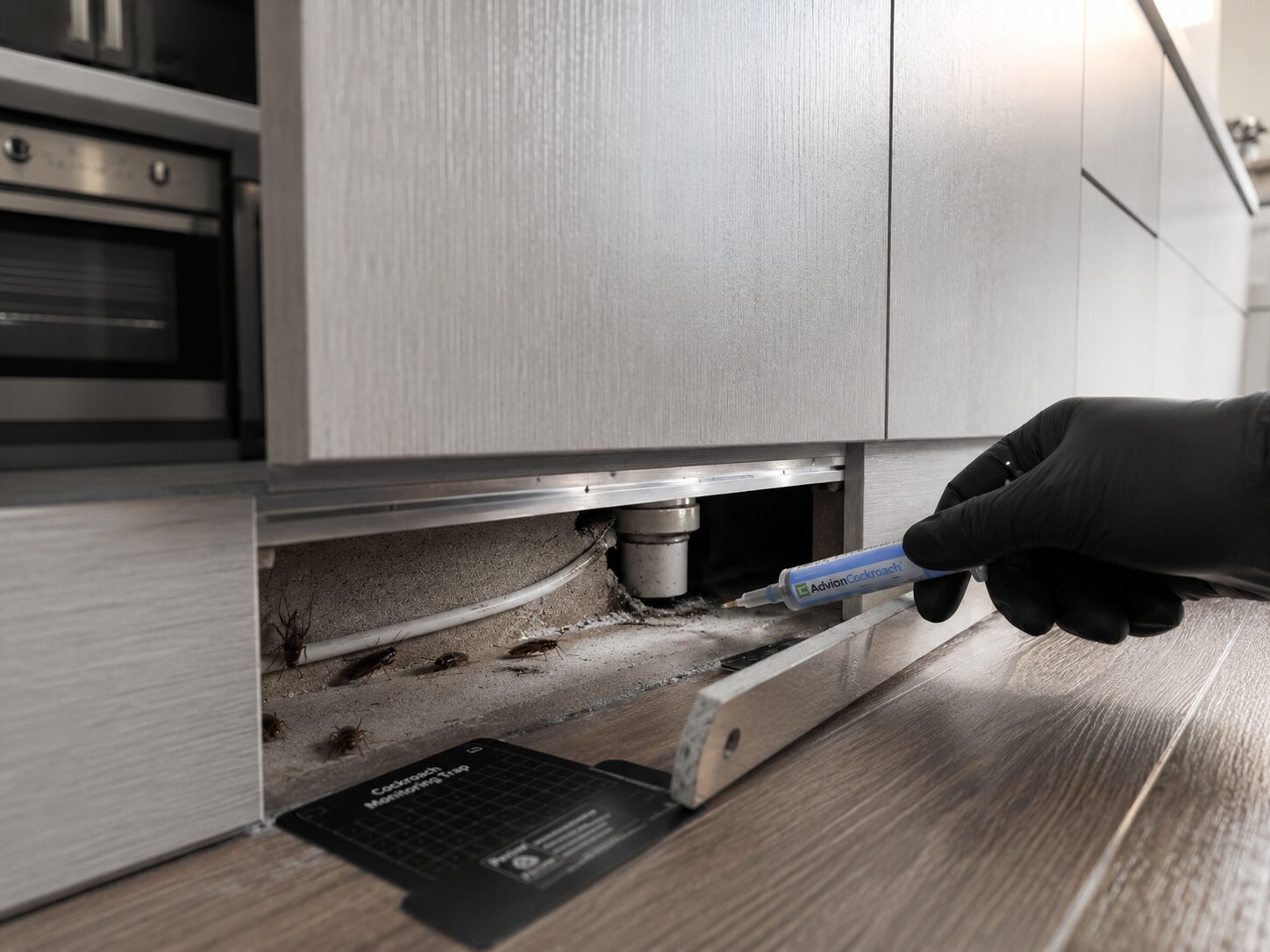 Traitement des cafards derrière une cuisine intégrée sans démonter les meubles avec application de gel anti-cafards sous la plinthe.