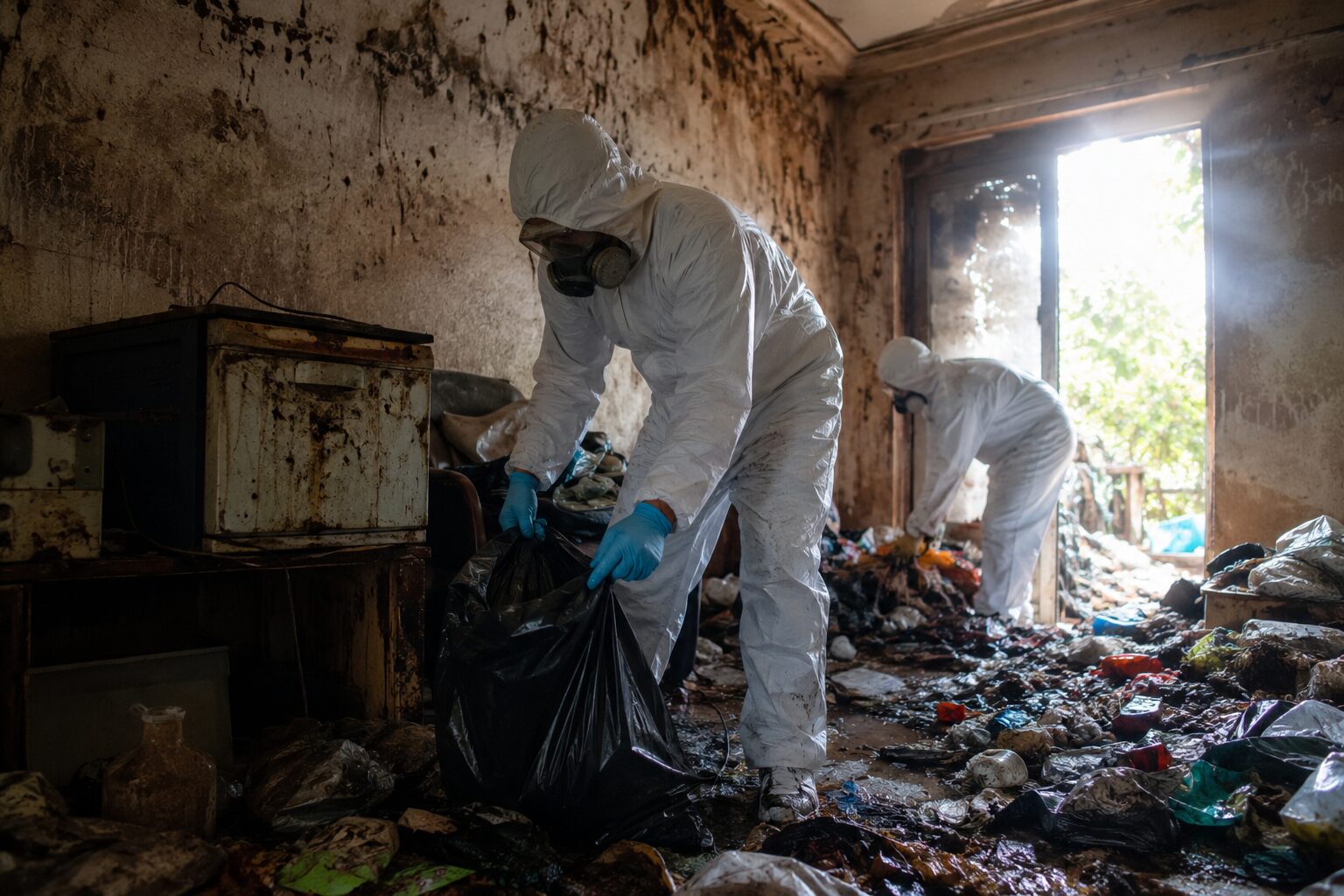Équipe en tenue de protection réalisant un chantier de nettoyage extrême dans un logement insalubre pendant une période de canicule