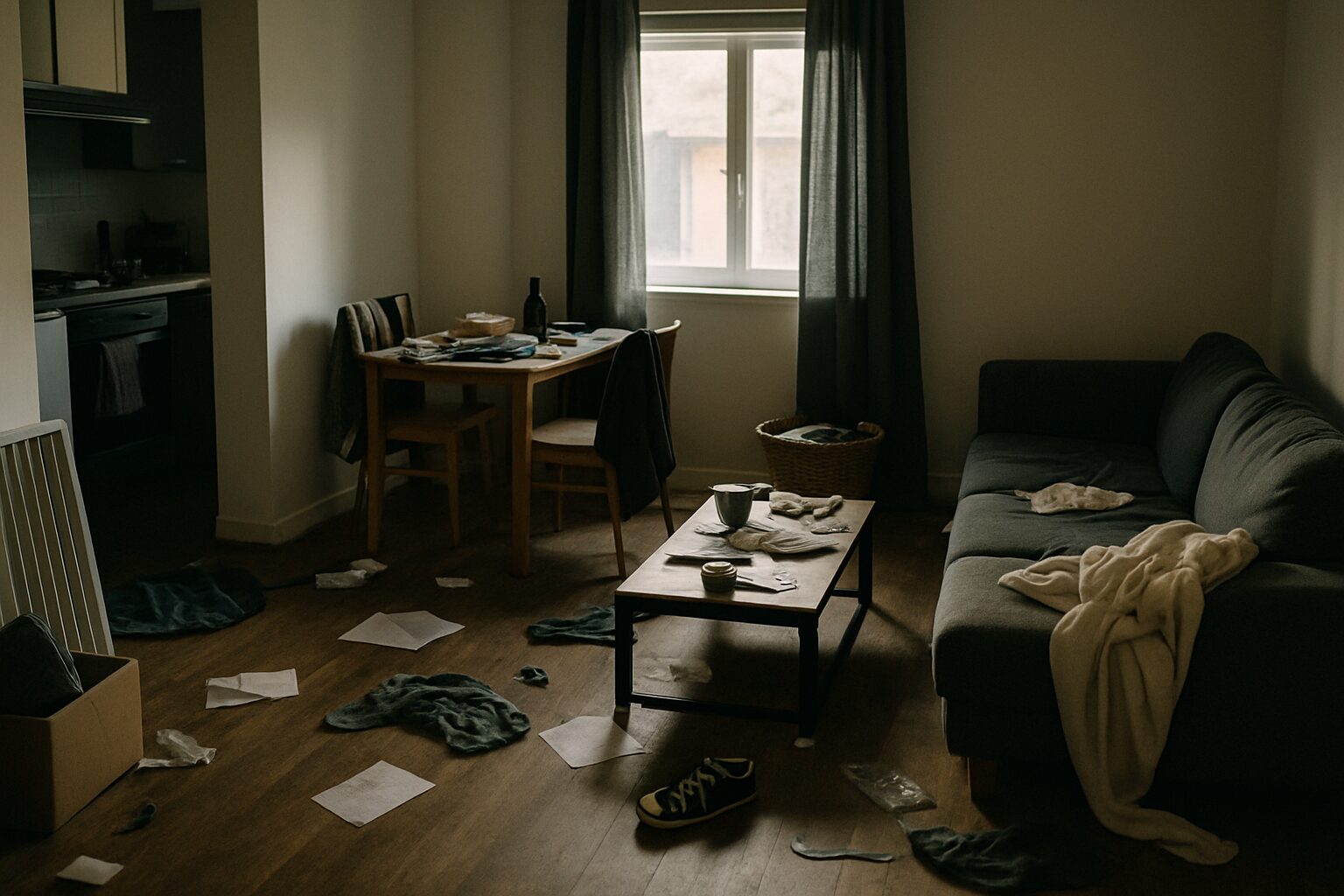 Appartement en désordre avec objets éparpillés, ambiance sombre, lumière naturelle