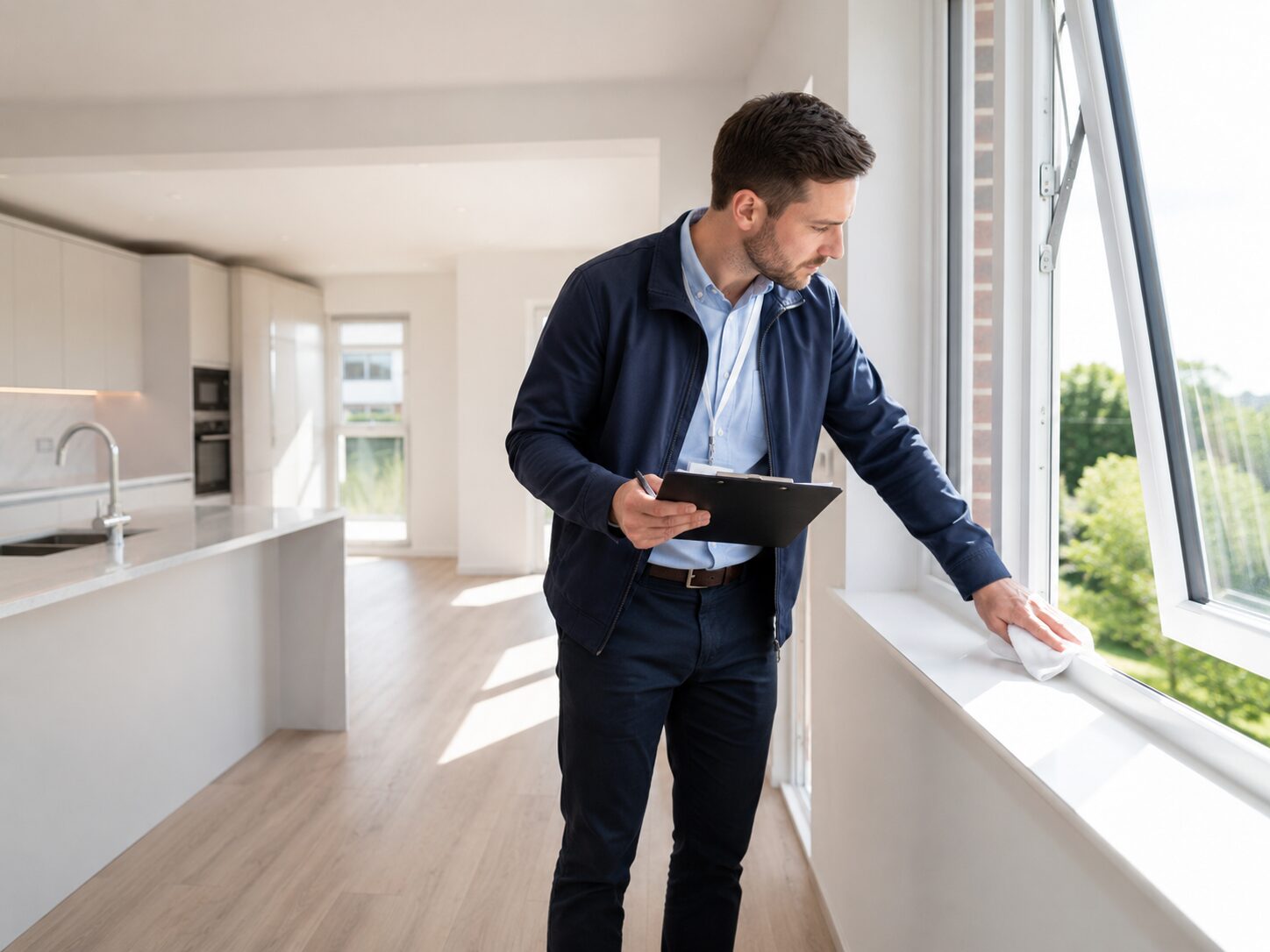 Professionnel contrôlant la propreté d’un logement rénové après chantier avec une checklist et un chiffon sur le rebord d’une fenêtre