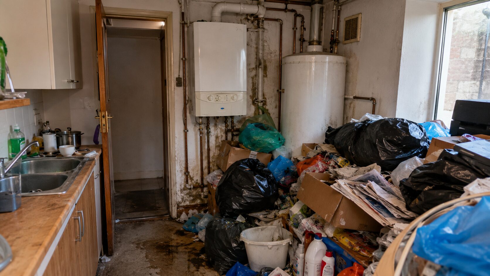 Chaudière murale et ballon d’eau chaude entourés de déchets, cartons et sacs-poubelles dans un logement encombré présentant un risque d’incendie, de fuite et d’intoxication.