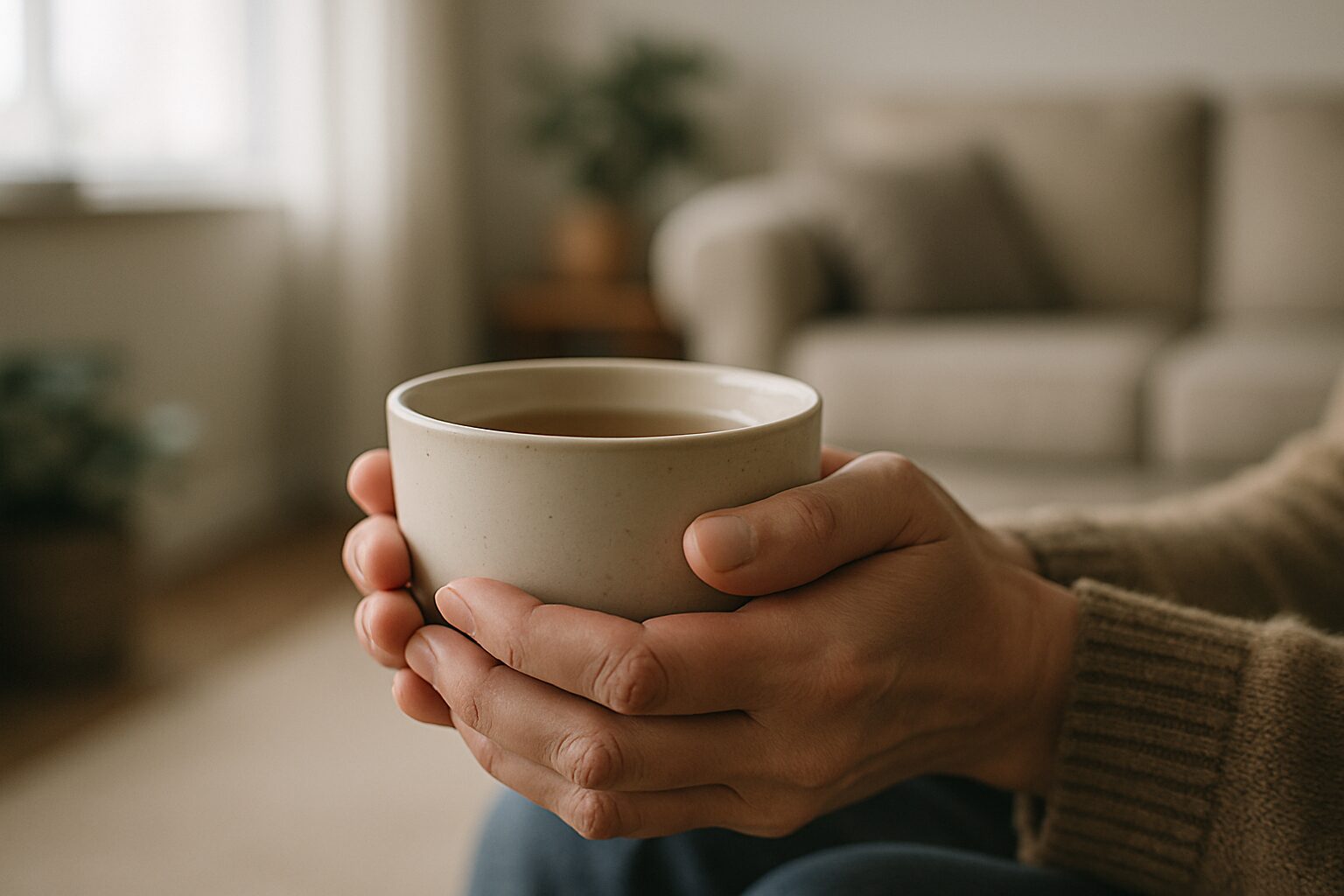 Deux mains tenant une tasse de thé dans un salon accueillant, éclairage doux