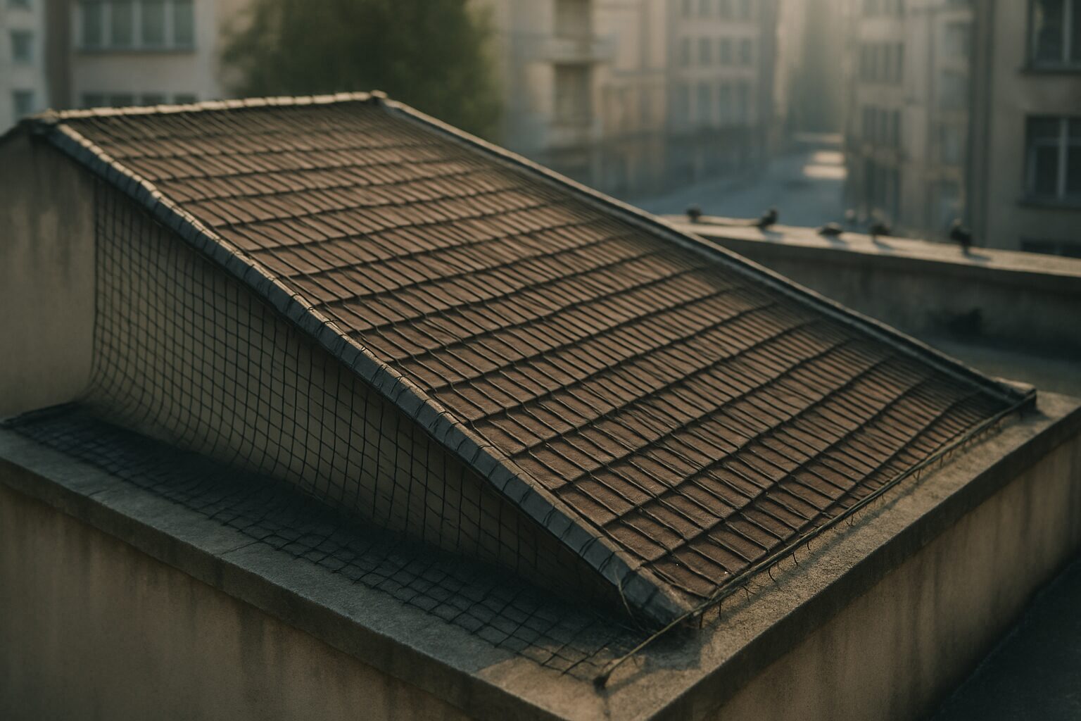 Toit avec filets anti-pigeons installés, pigeons visibles à l'arrière-plan