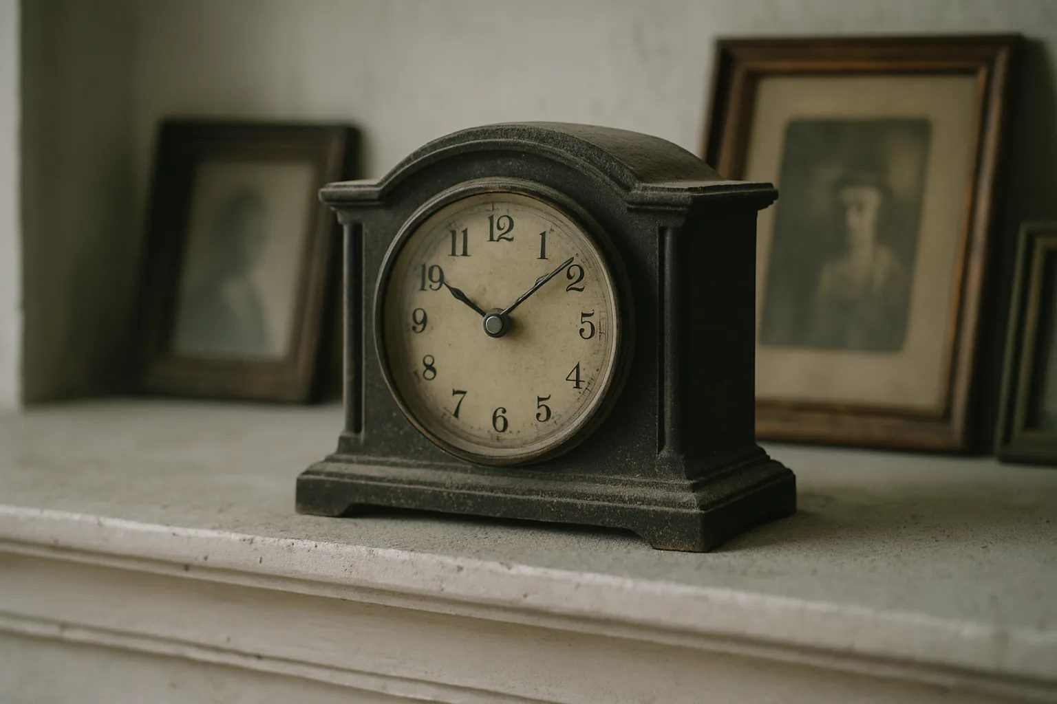 Gros plan d'une horloge ancienne poussiéreuse sur une cheminée, lumière naturelle douce.