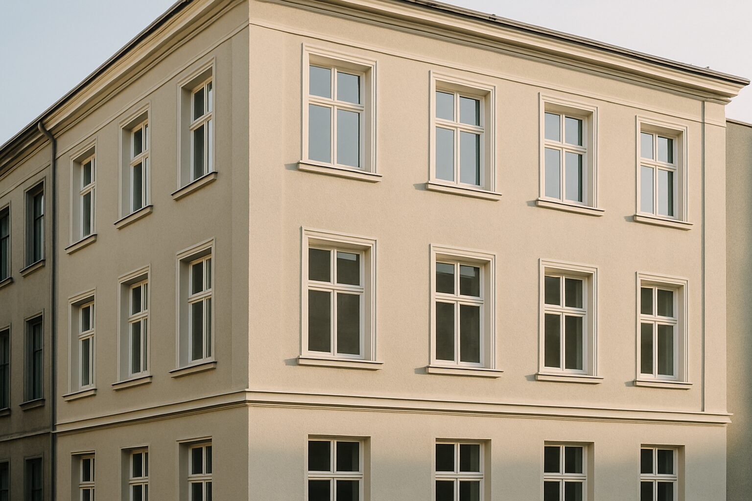 Façade propre d'un bâtiment urbain rénové après un nettoyage post-squat.