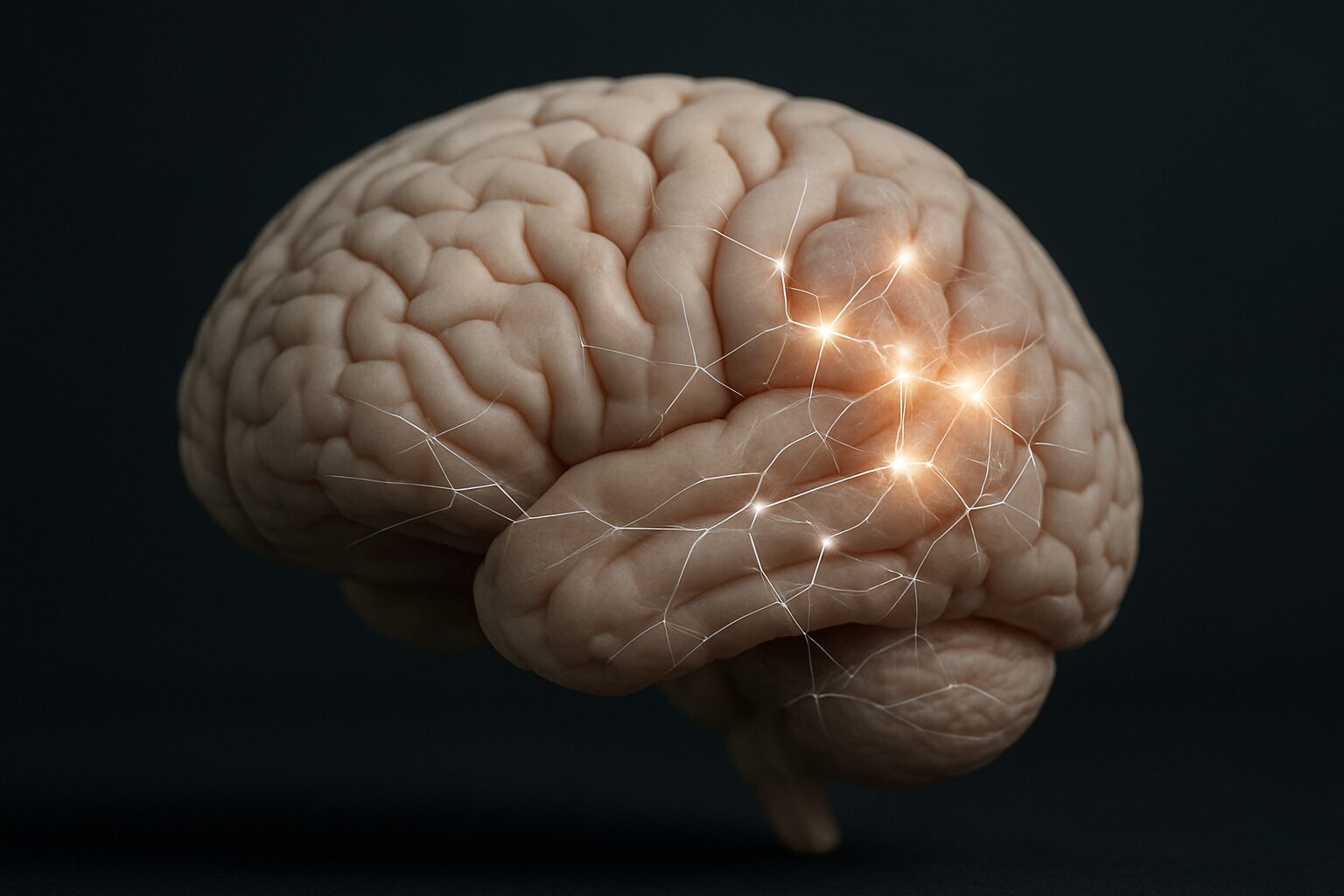 Image 3D d'un cerveau avec des connexions lumineuses illustrant le syndrome de Korsakoff.