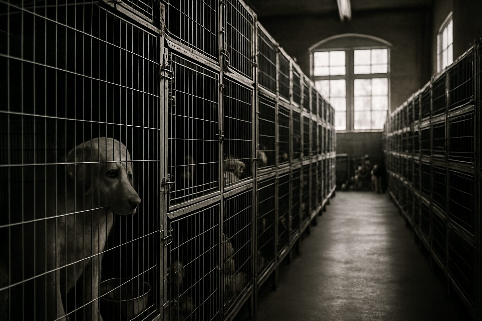 Refuge animalier bondé avec des cages alignées, lumière filtrée, ambiance de surpopulation.