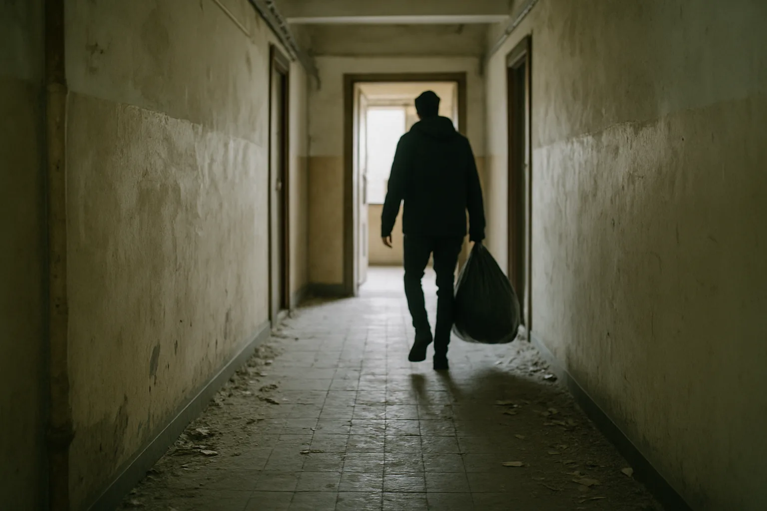 Silhouette floue avec sac-poubelle dans un couloir d'immeuble défraîchi