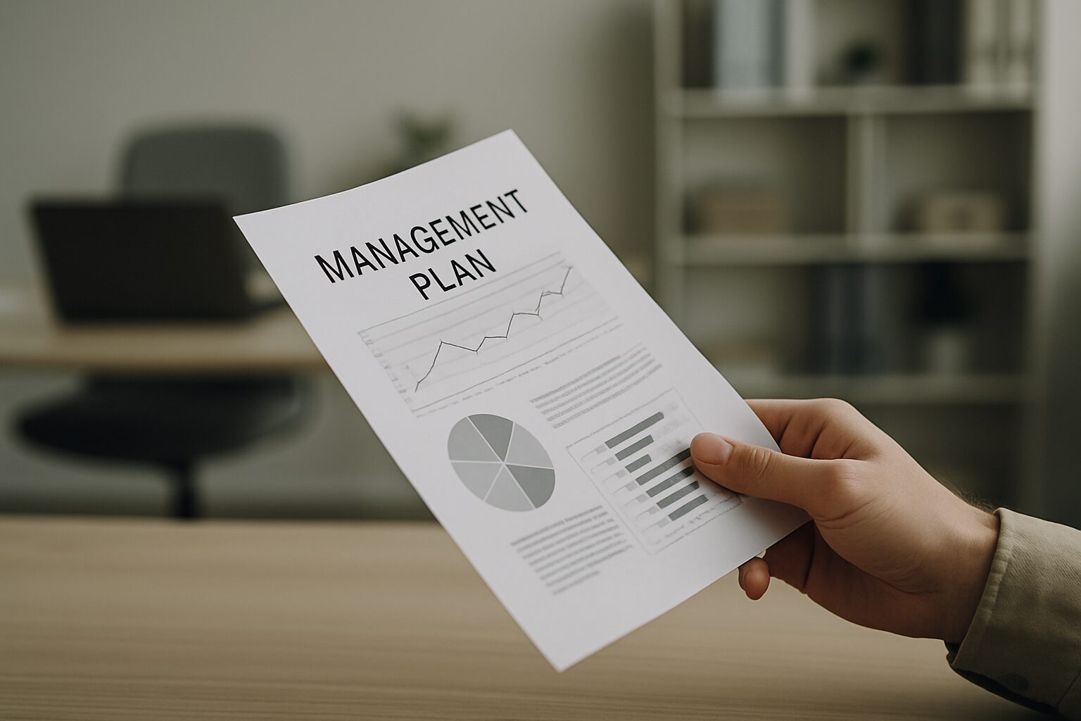 Une main tenant un plan de gestion sur un bureau, symbolisant la gestion de l'incurie sous tutelle.