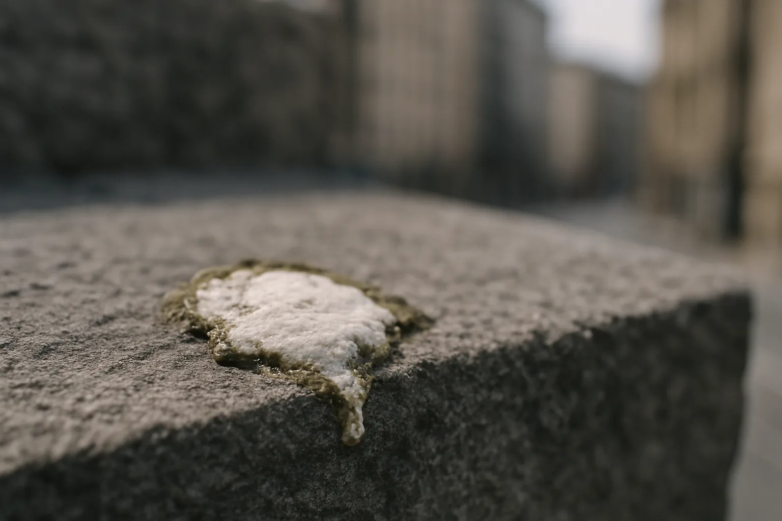 Gros plan de fientes de pigeon sur une surface de pierre avec texture visible.