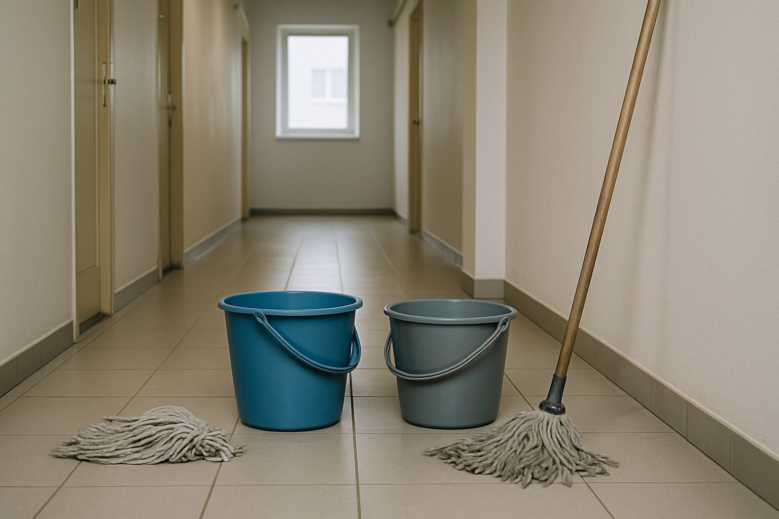 Couloir d'immeuble avec seaux et serpillières pour nettoyage après dégât des eaux.