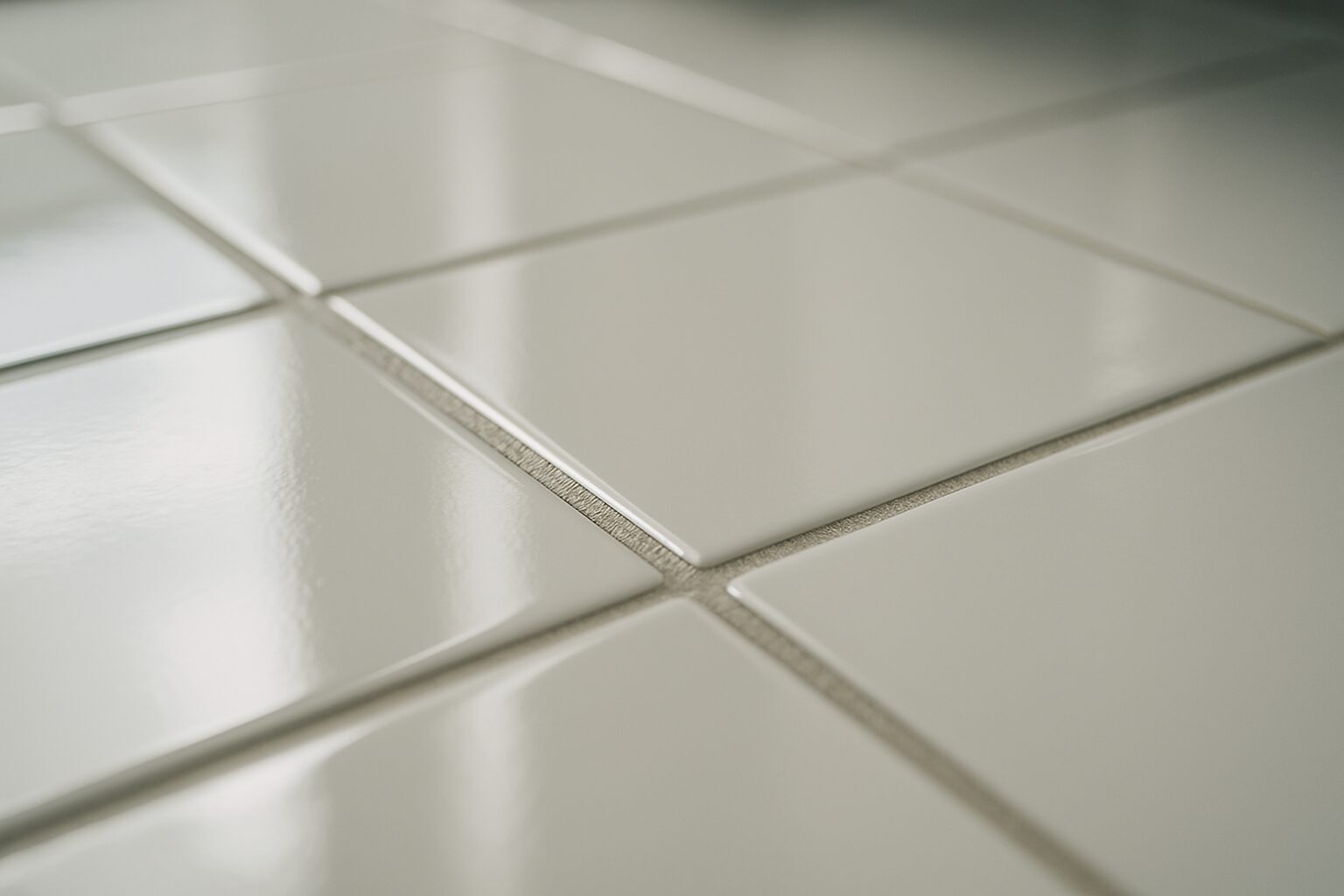 Gros plan de joints de carrelage propres sous une lumière naturelle, surface brillante.