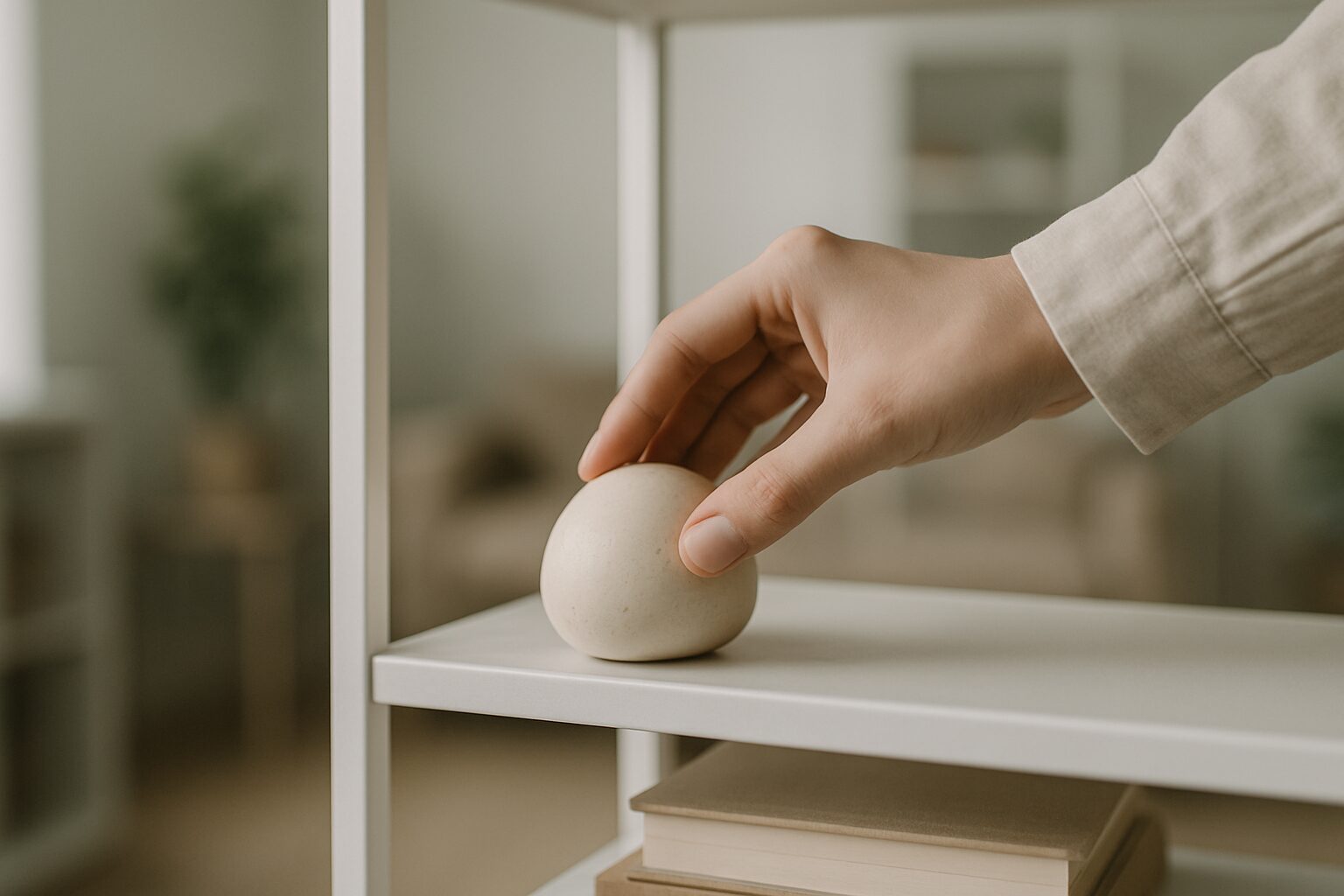 Main plaçant soigneusement un objet sur une étagère dans un intérieur soigné.