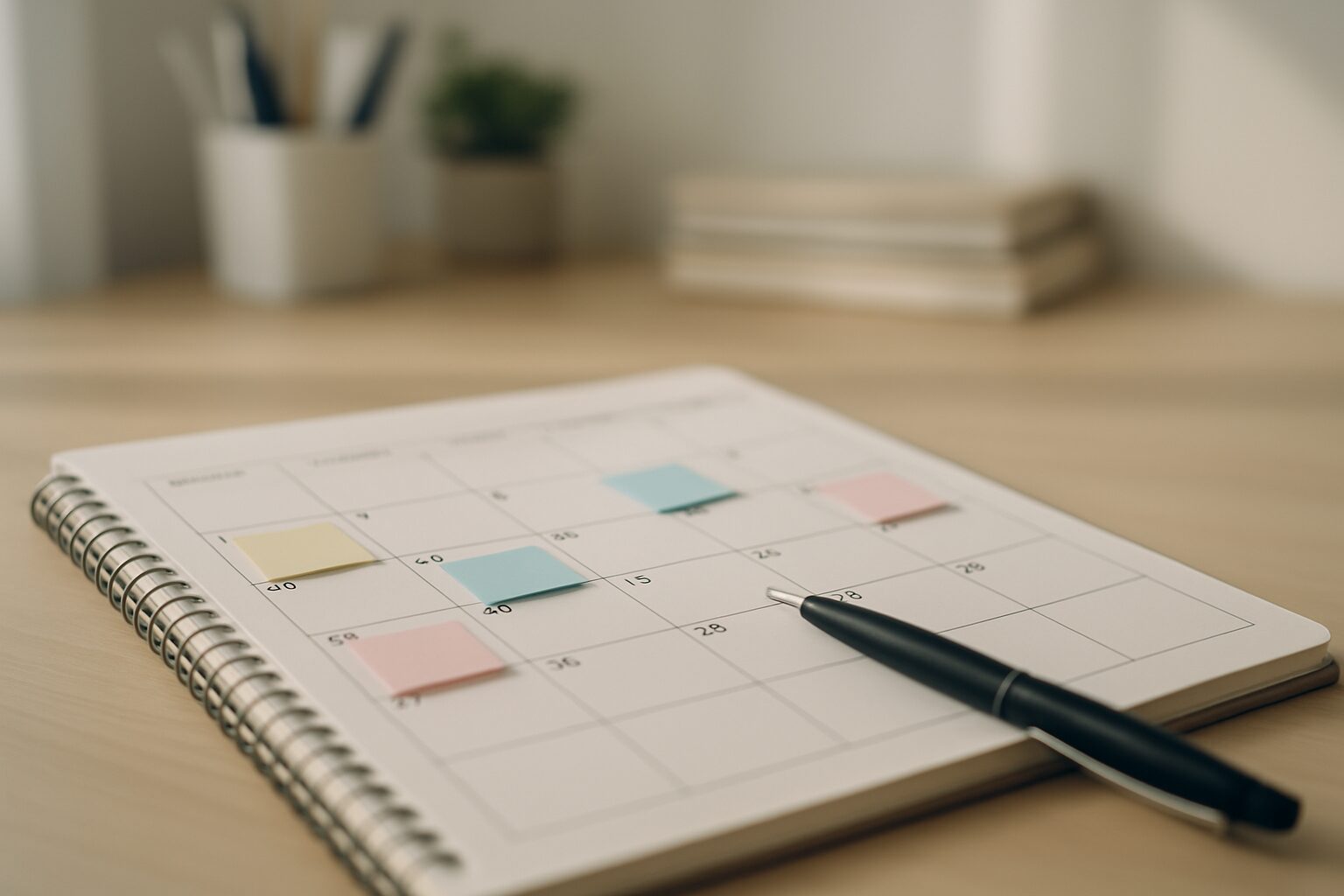 Calendrier avec notes et stylo sur un bureau, éclairage doux