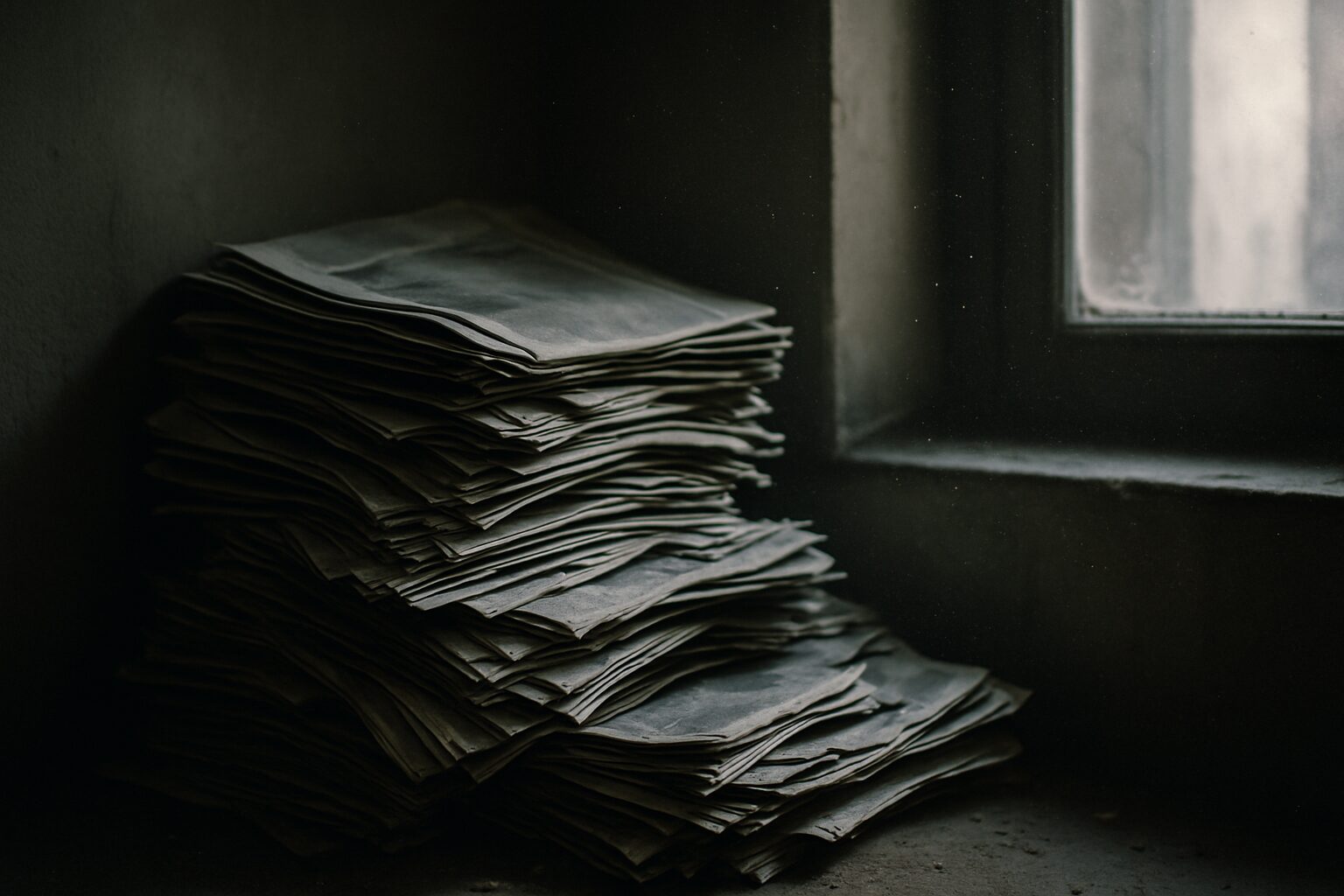 Gros plan sur une pile de journaux effondrée avec lumière naturelle entrant par une fenêtre.