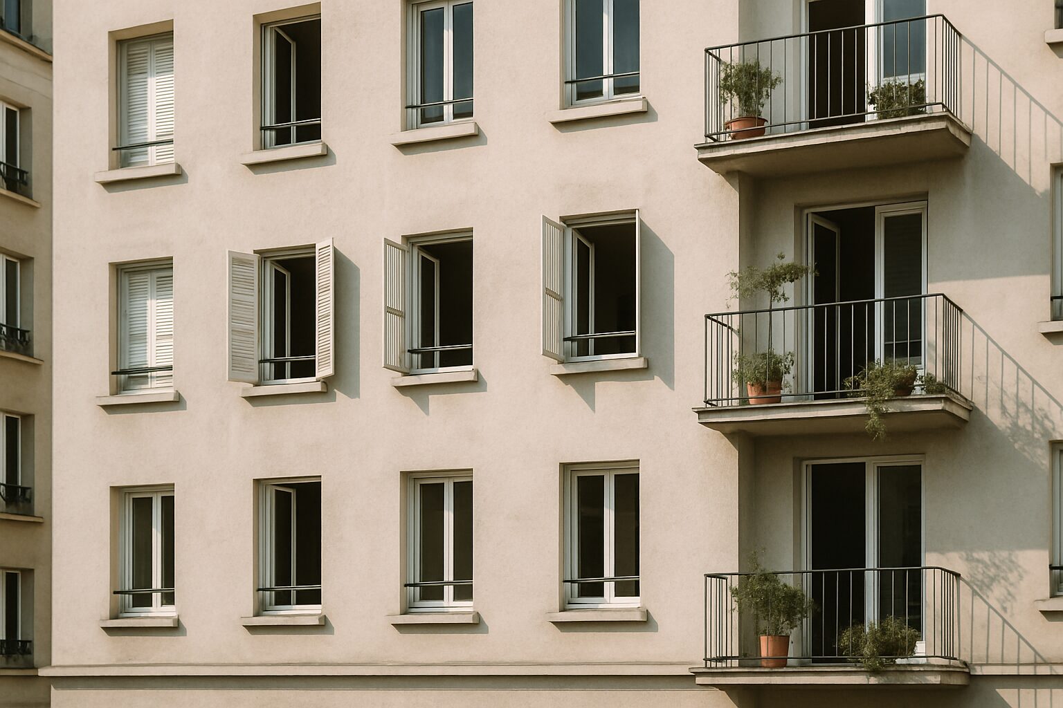 Vue extérieure d'un bâtiment résidentiel avec fenêtres ouvertes, plantes sur balcons