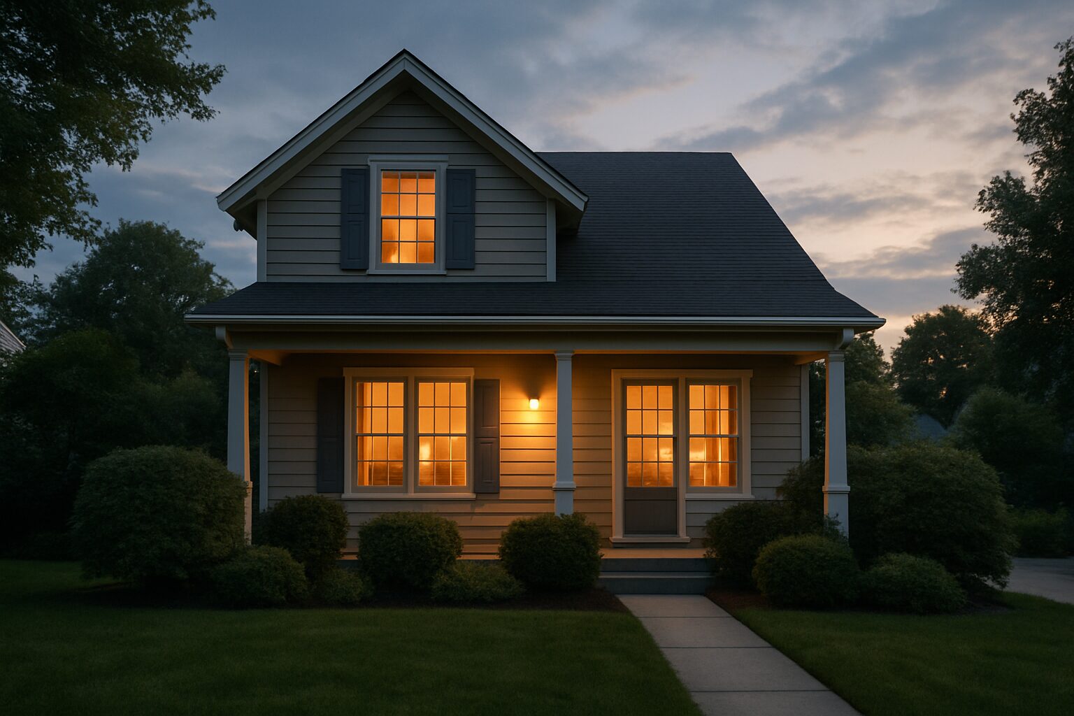Façade d'une maison au crépuscule avec un jardin entretenu, ciel nuageux