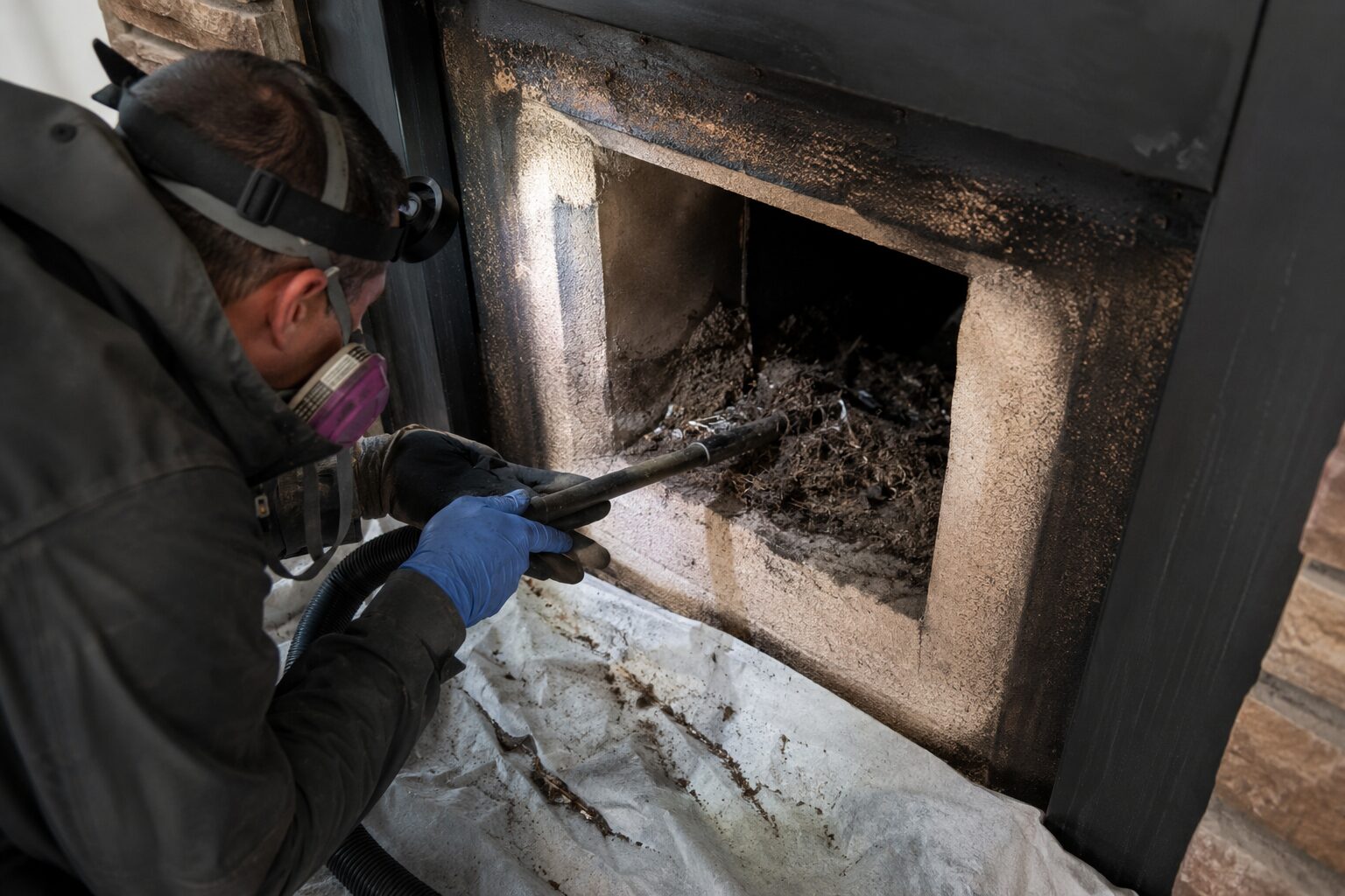 Technicien nettoyant un conduit de cheminée contaminé par un nid d’oiseaux et des fientes