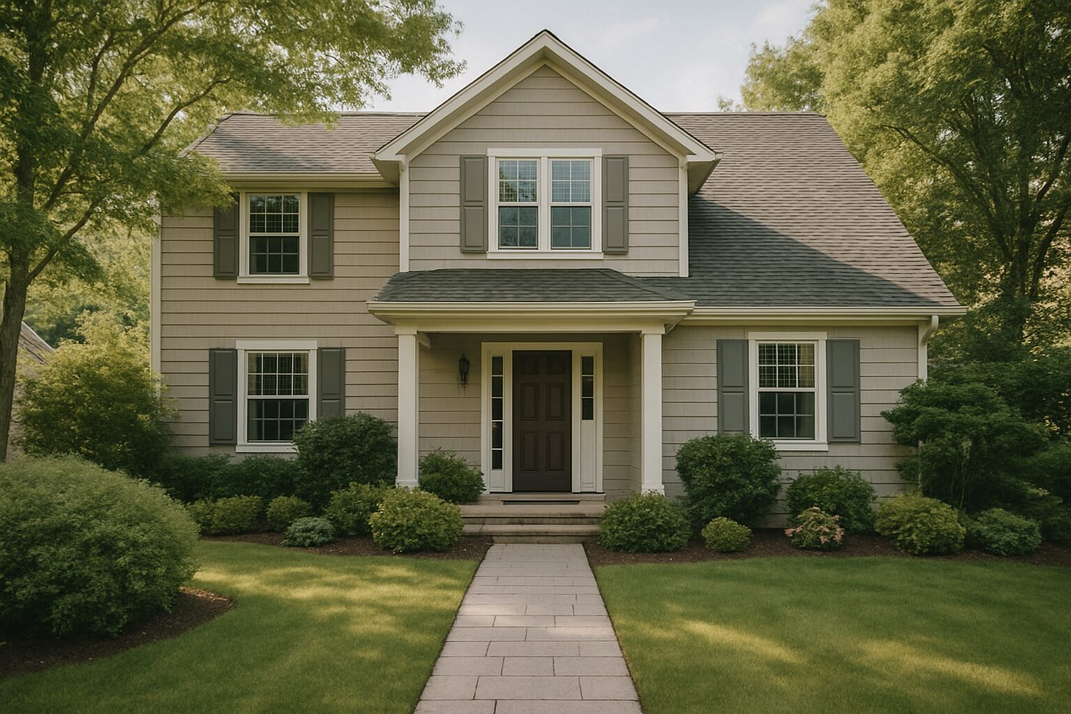 Maison familiale avec jardin, ambiance chaleureuse, vue extérieure