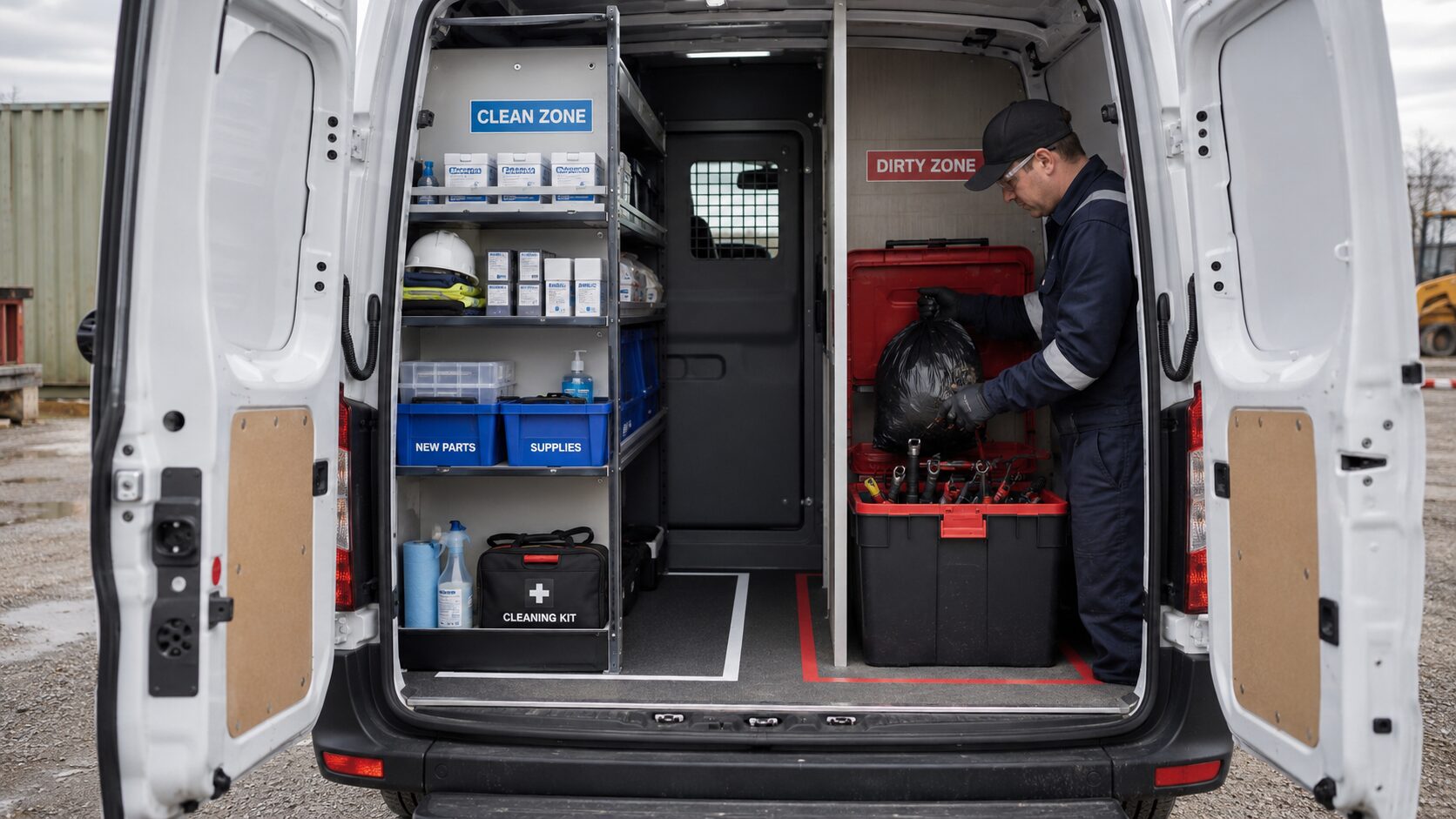Technicien organisant un véhicule utilitaire avec zones propre et sale pour éviter la contamination après intervention