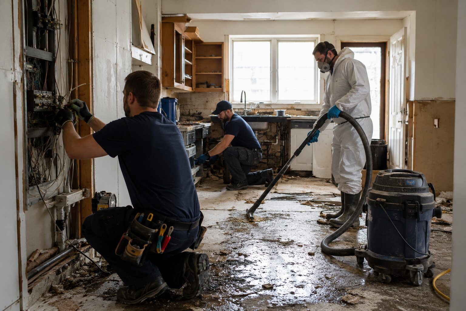 Équipe de nettoyage extrême coordonnant une intervention avec un plombier et un électricien dans un logement dégradé pour sécuriser la remise en état.