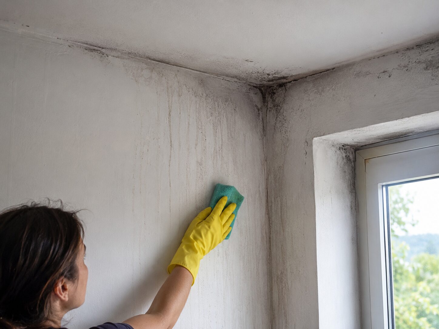 Personne nettoyant des coulures noires sur un mur intérieur causées par la condensation, les poussières et les ponts thermiques