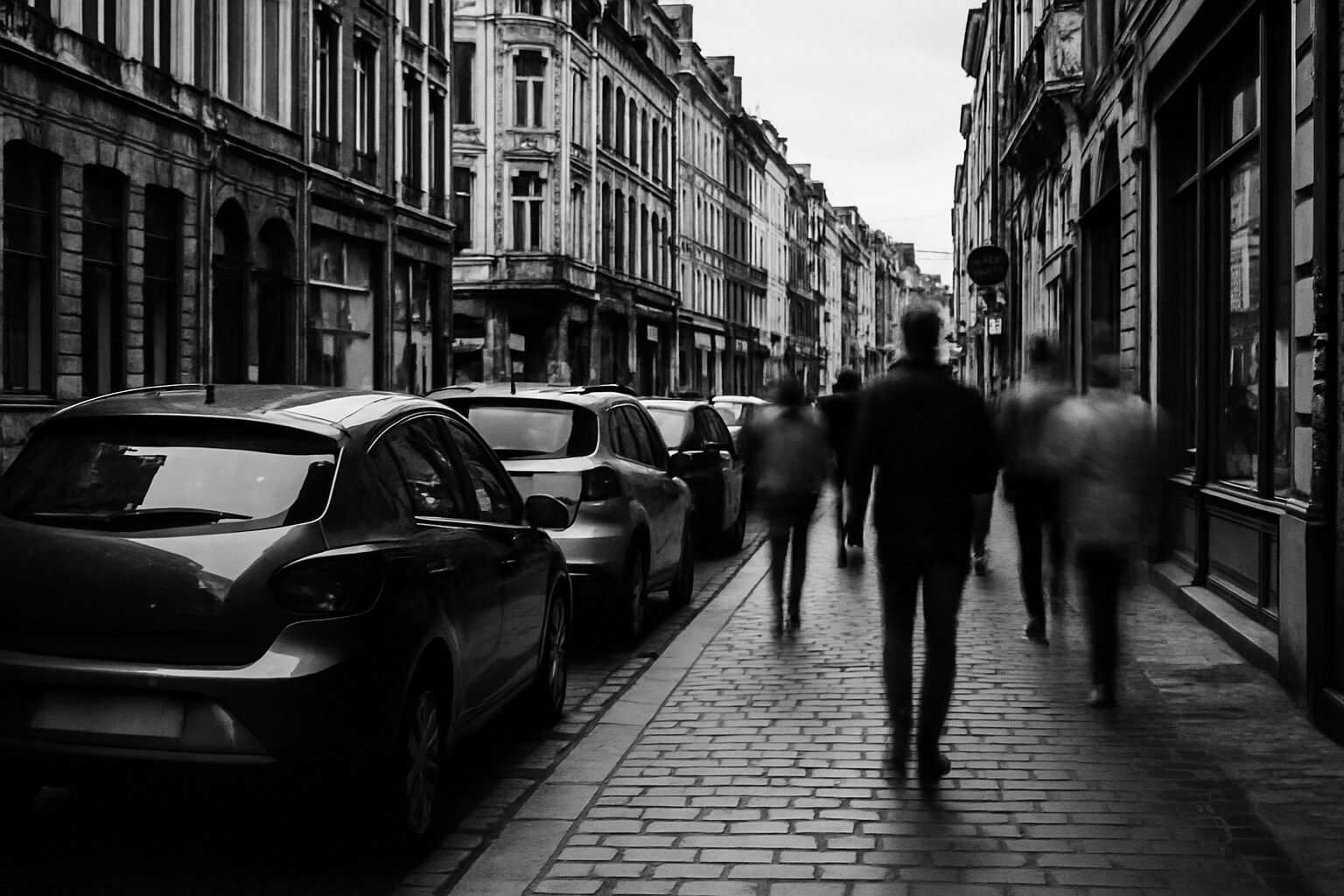 Vue en noir et blanc d'une rue animée à Lille avec des façades de bâtiments