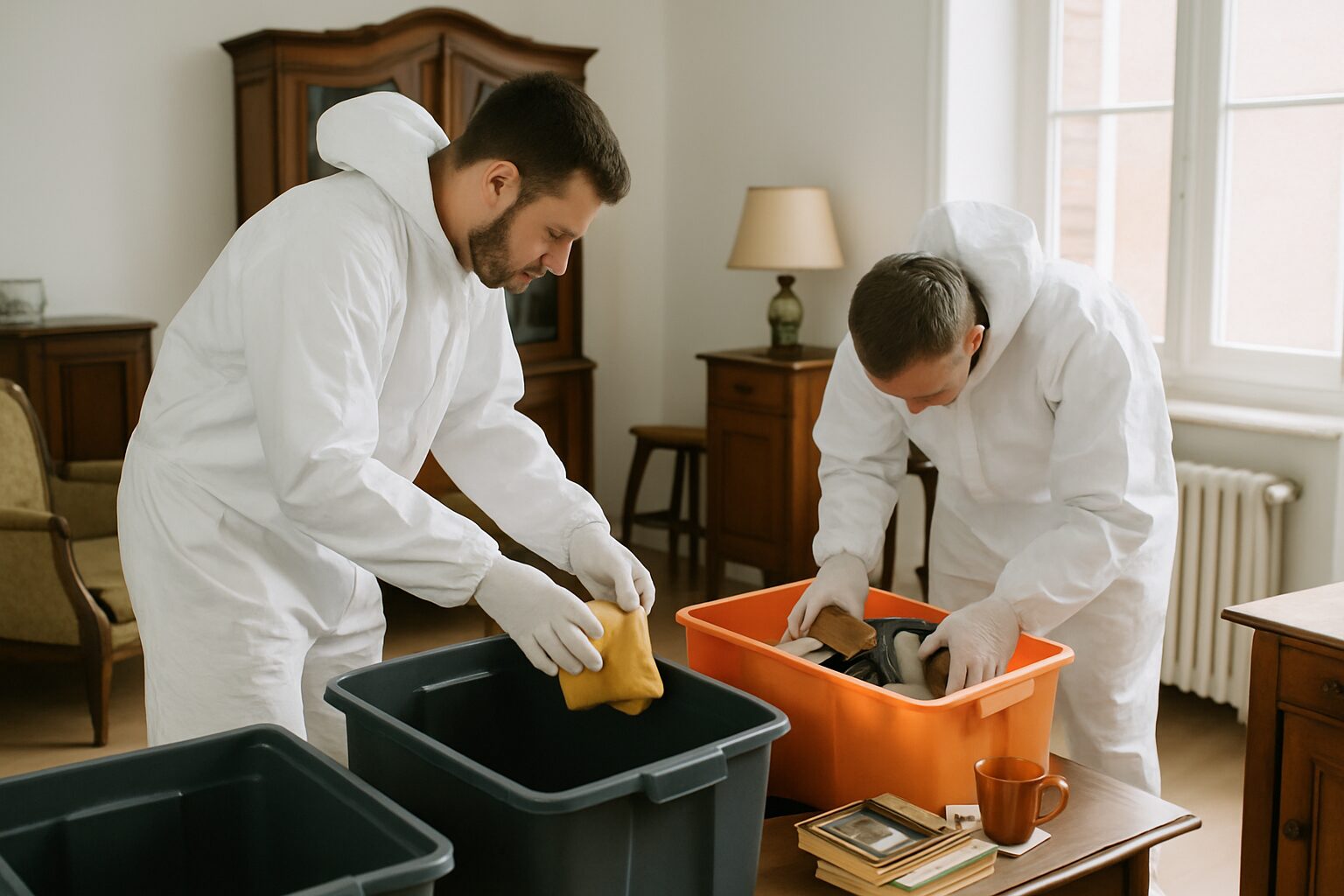 Deux techniciens en combinaison triant des objets dans un appartement lumineux à Lille.