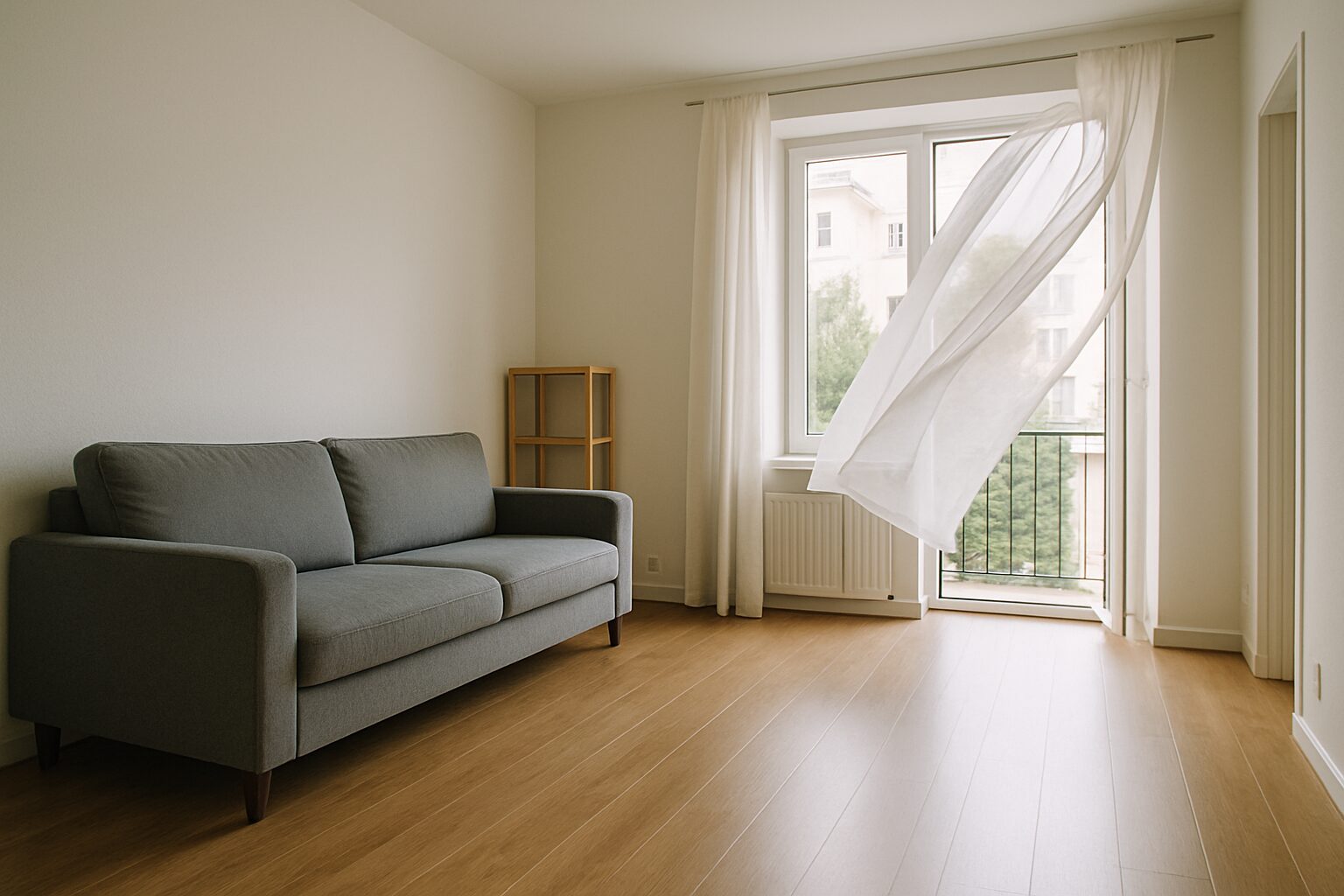 Appartement propre et désinfecté avec fenêtre ouverte, rideaux flottants et lumière douce