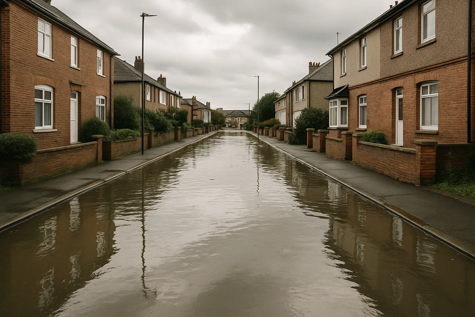 Rue résidentielle inondée par des eaux usées, bâtiments visibles en arrière-plan.