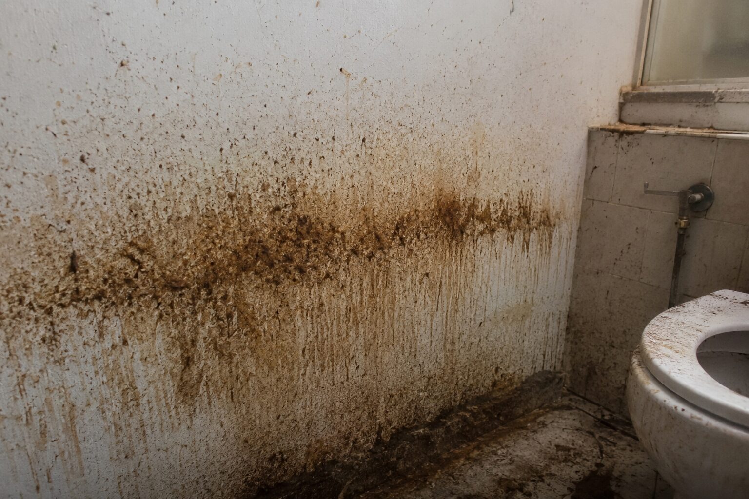 Mur souillé par des traces de déjections dans un logement insalubre nécessitant un nettoyage et une désinfection professionnels