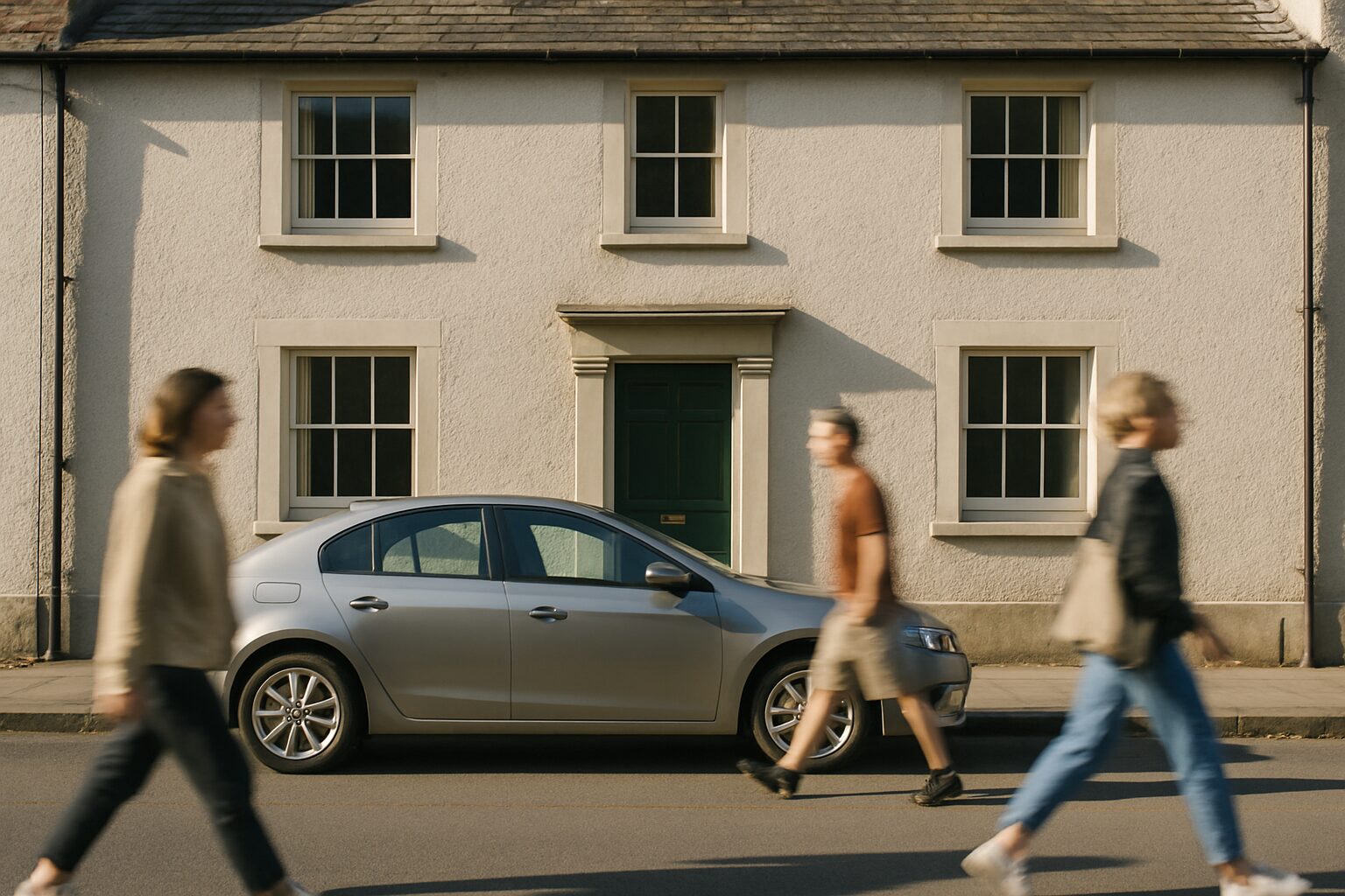 Scène de rue calme avec maison en arrière-plan, lumière du jour.