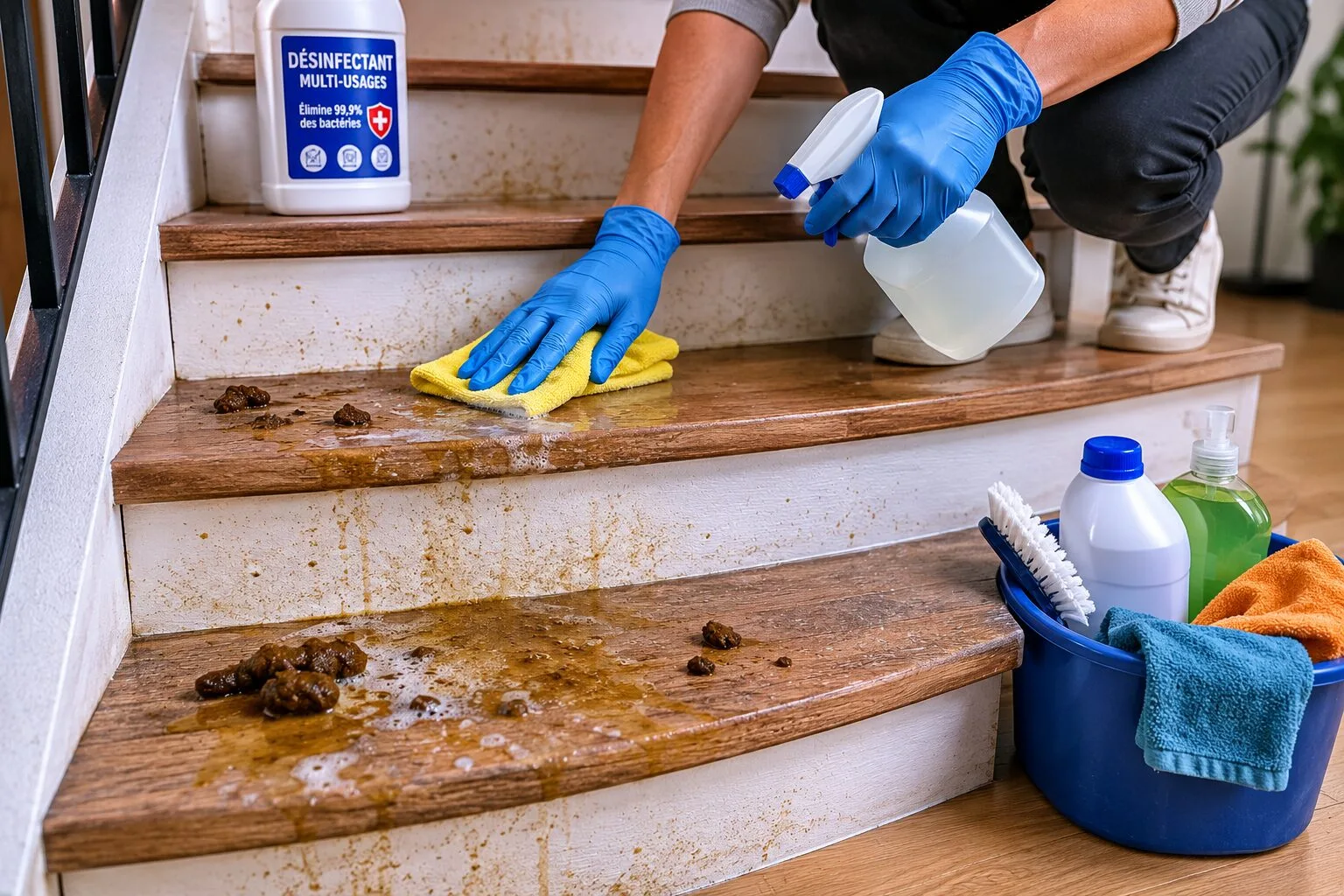 Comment désinfecter un escalier intérieur souillé par de l’urine ou des excréments sans le rendre glissant ?