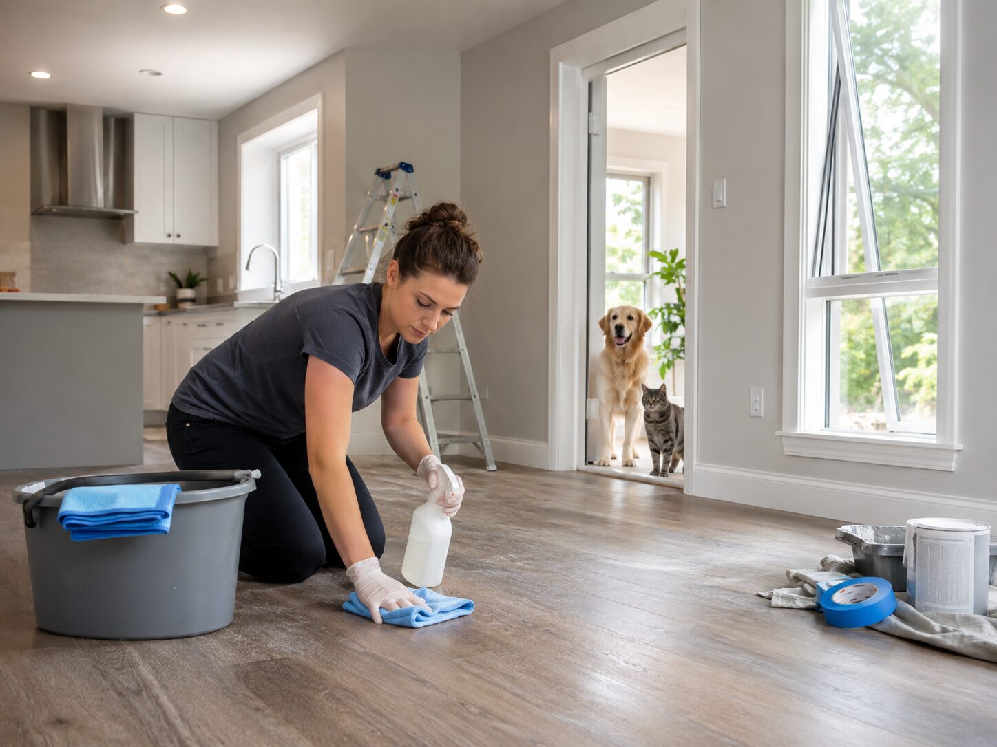 Personne nettoyant un sol après chantier dans une maison rénovée avec un chien et un chat tenus à distance pendant la désinfection.