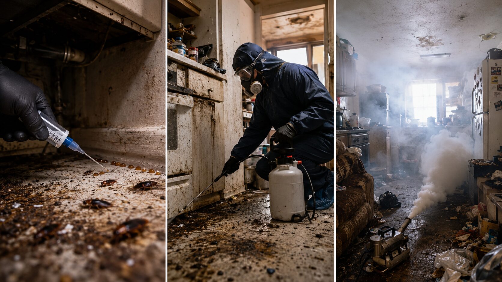 Comparaison ultra réaliste entre gel appât, pulvérisation et fumigation contre les nuisibles dans un logement très sale