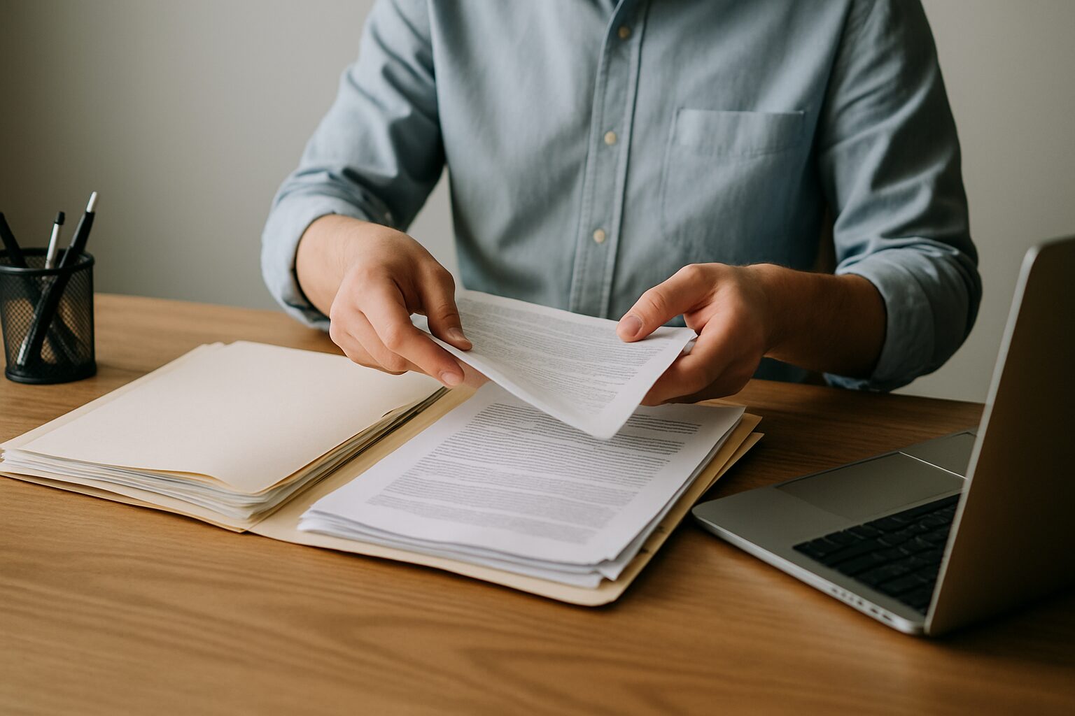 Mains triant des dossiers d'assurance sur un bureau en bois après un squat.