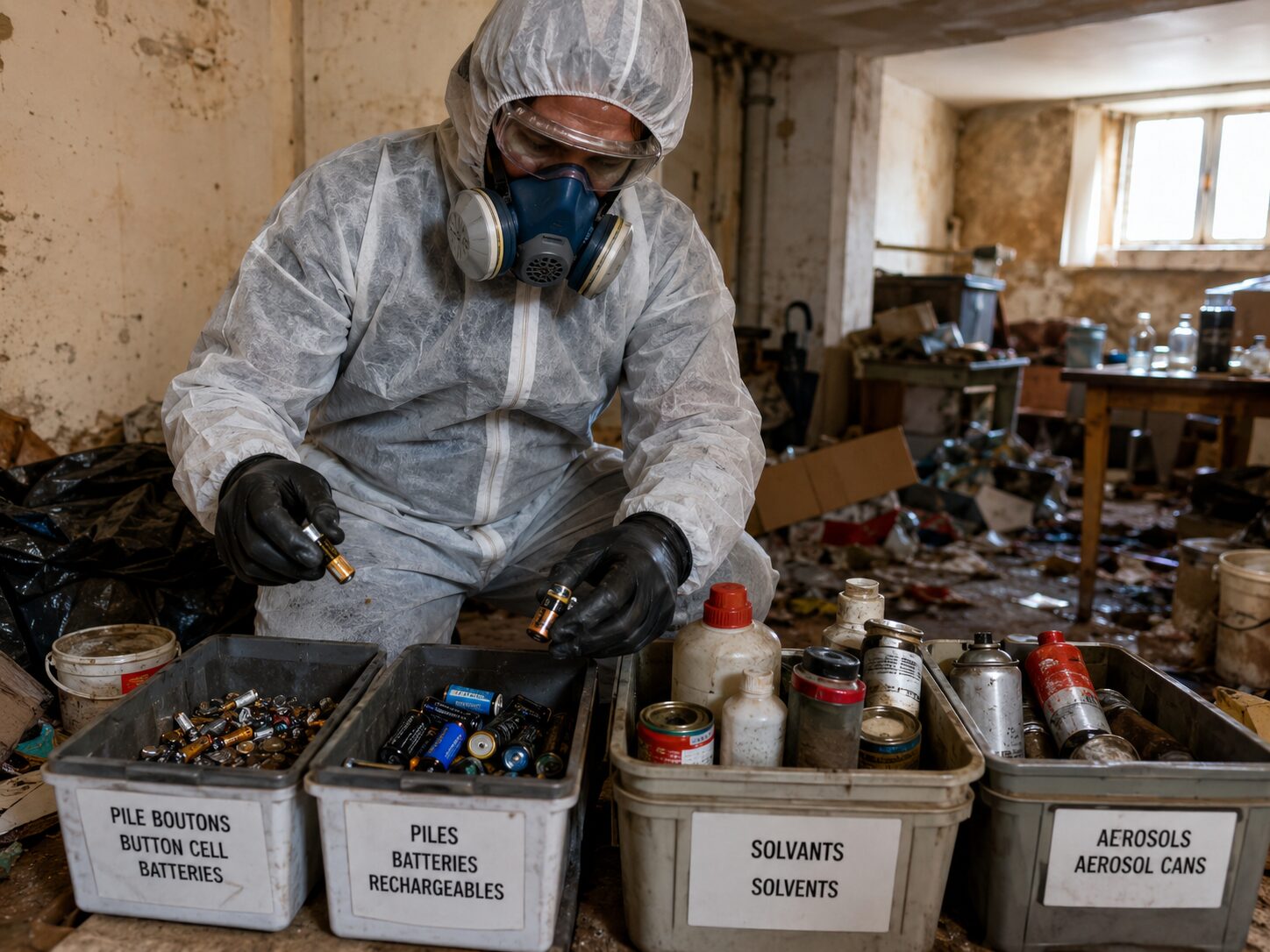 Technicien en combinaison de protection triant des piles, batteries, solvants et aérosols lors d’un débarras insalubre