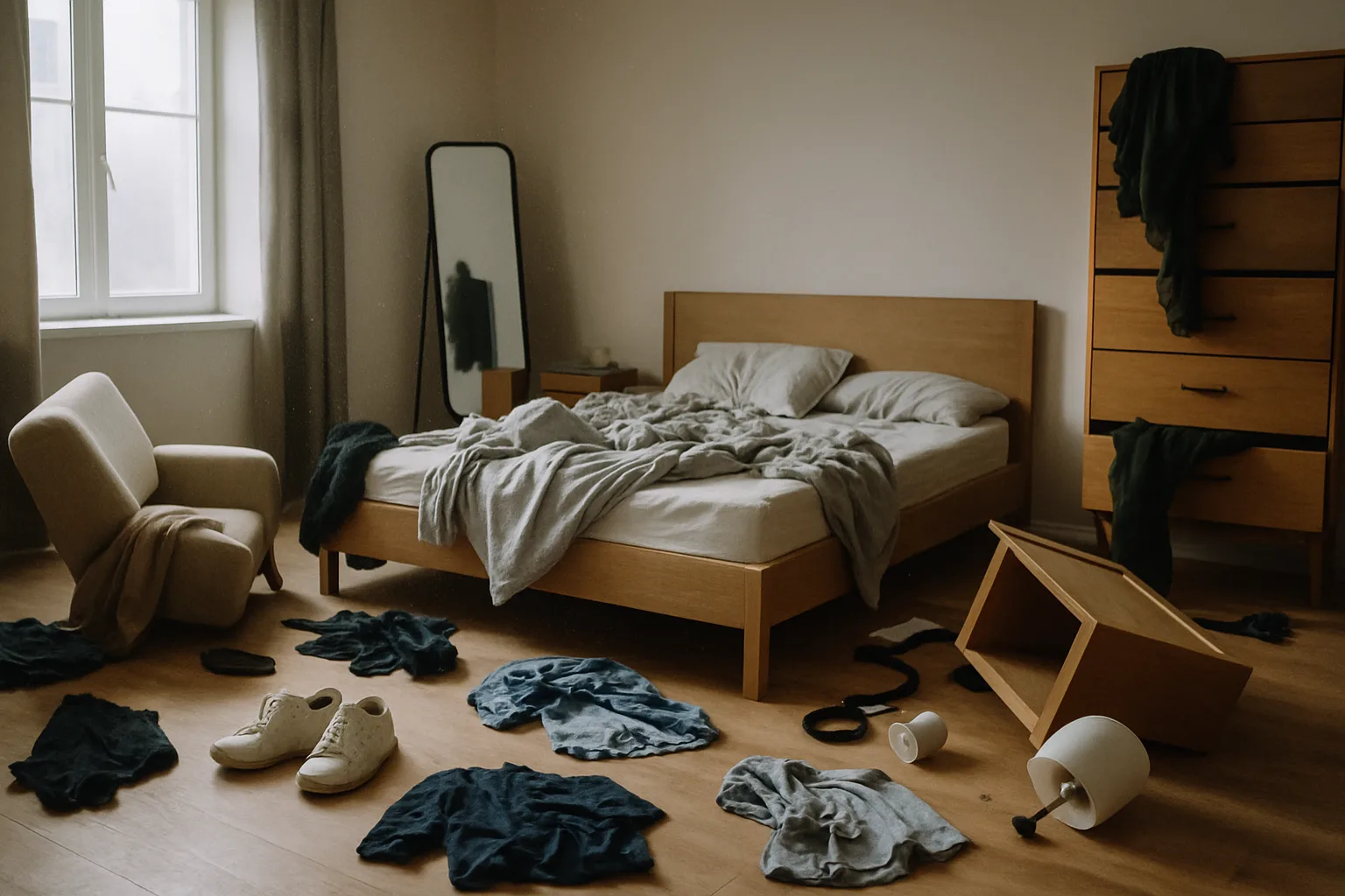 Chambre à coucher désordonnée avec vêtements et meubles renversés, lumière du jour.