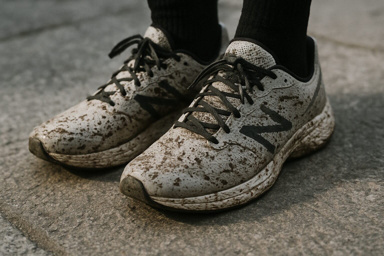Chaussures de sport avec éclaboussures sur un sol urbain, gros plan.