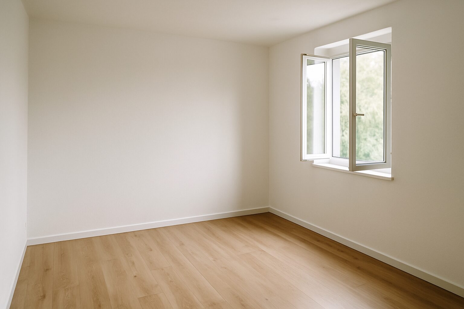 Pièce vide et propre avec lumière naturelle entrant par une fenêtre ouverte.